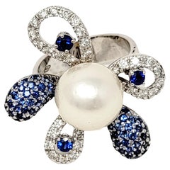 Retro South Sea Cultured Pearl Flower Cocktail Ring with Diamond and Sapphire Petals