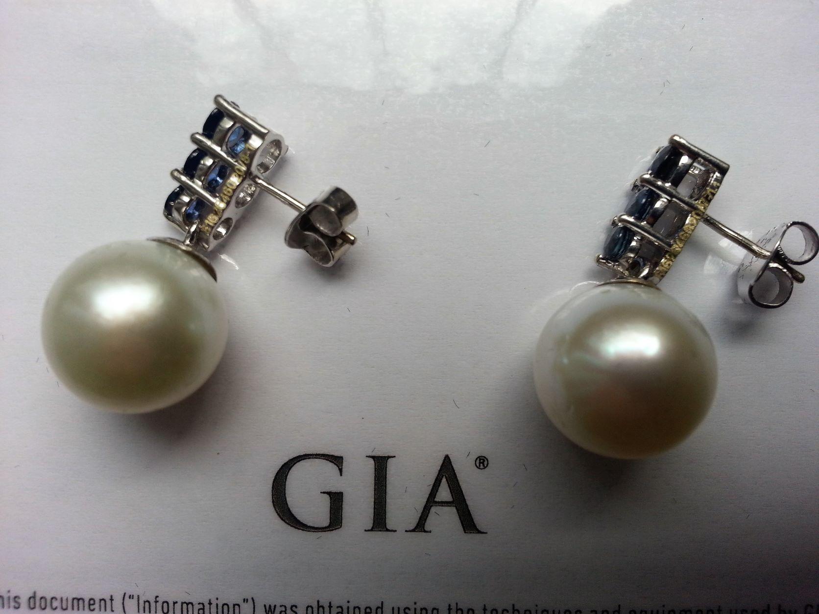South Sea Cultured Pearl GIA Certified & Blue Sapphire Earrings For Sale 5