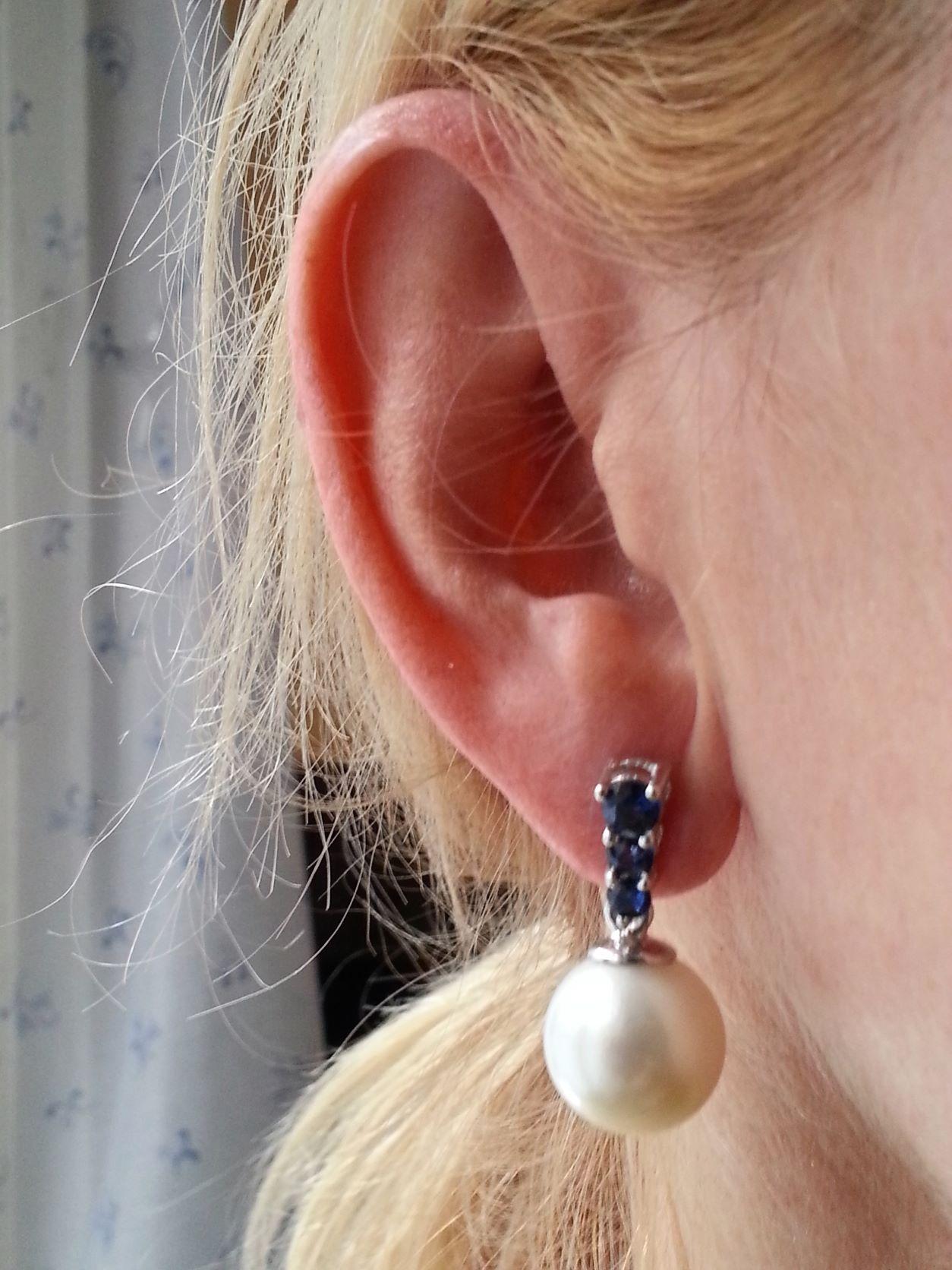 South Sea Cultured Pearl GIA Certified & Blue Sapphire Earrings For Sale 6