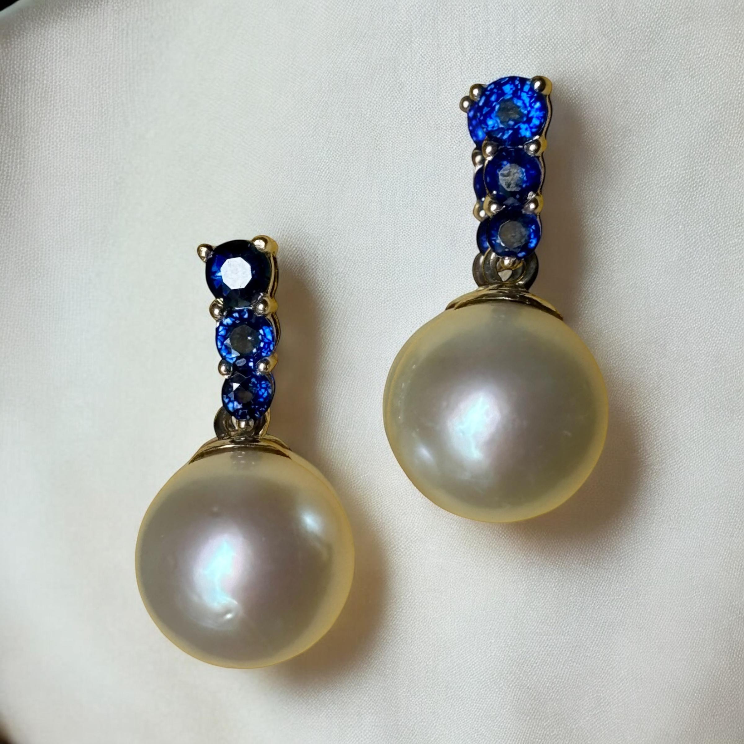 South Sea Cultured Pearl GIA Certified & Blue Sapphire Earrings For Sale 10