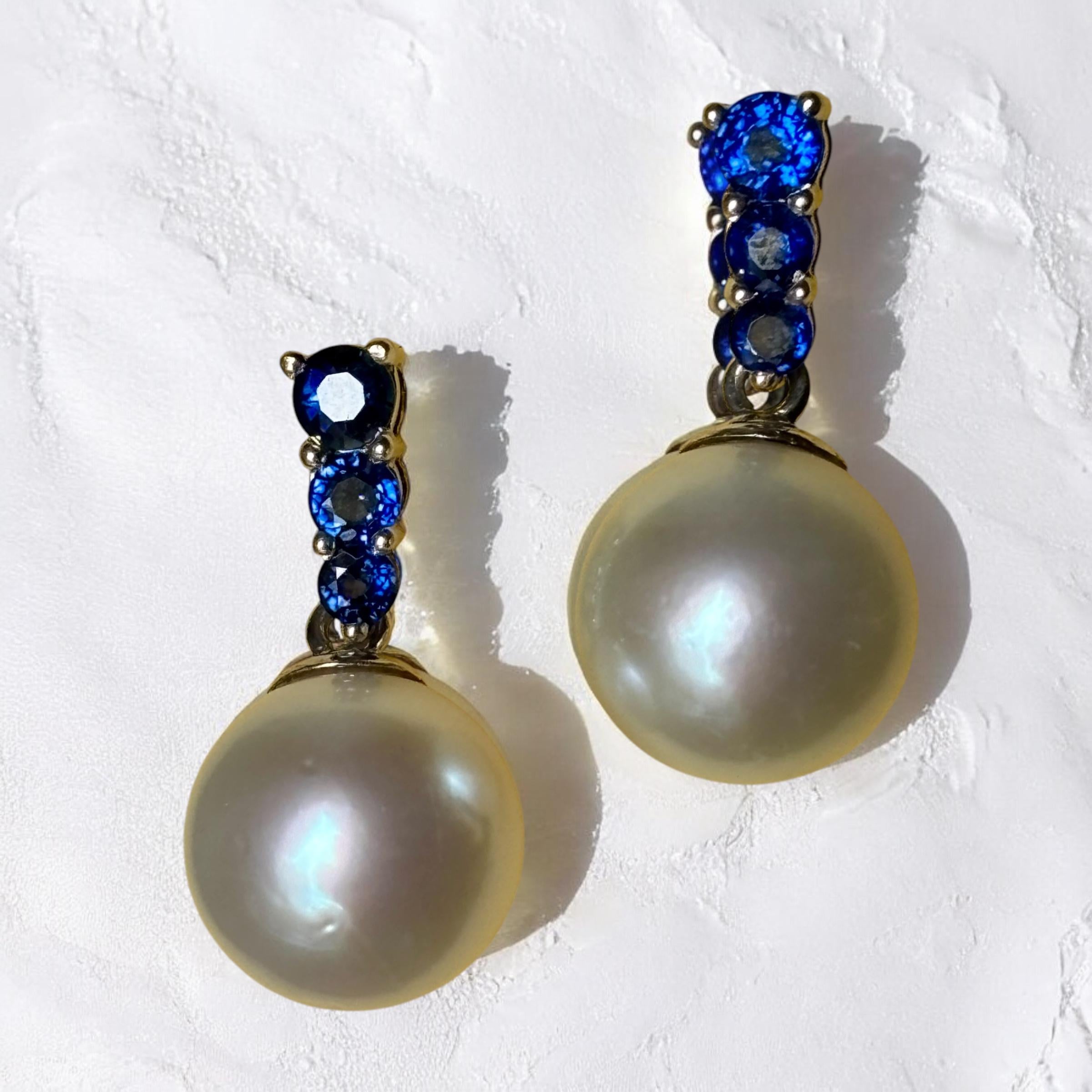 South Sea Cultured Pearl GIA Certified & Blue Sapphire Earrings For Sale 11