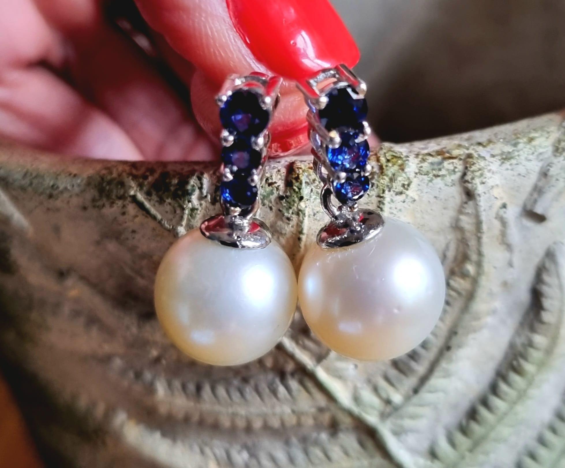 Aesthetic Movement South Sea Cultured Pearl GIA Certified & Blue Sapphire Earrings For Sale