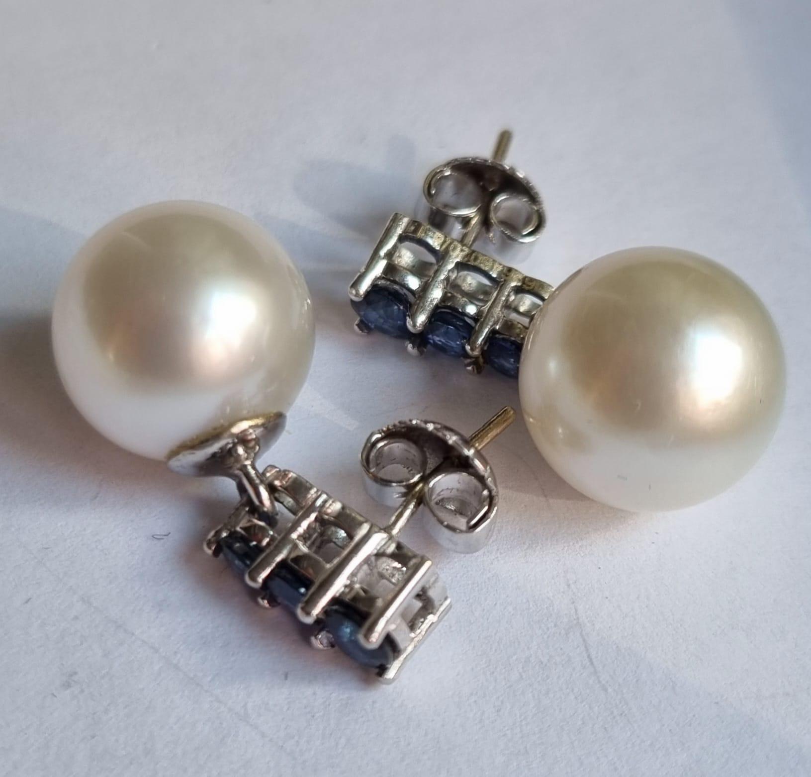South Sea Cultured Pearl GIA Certified & Blue Sapphire Earrings For Sale 1