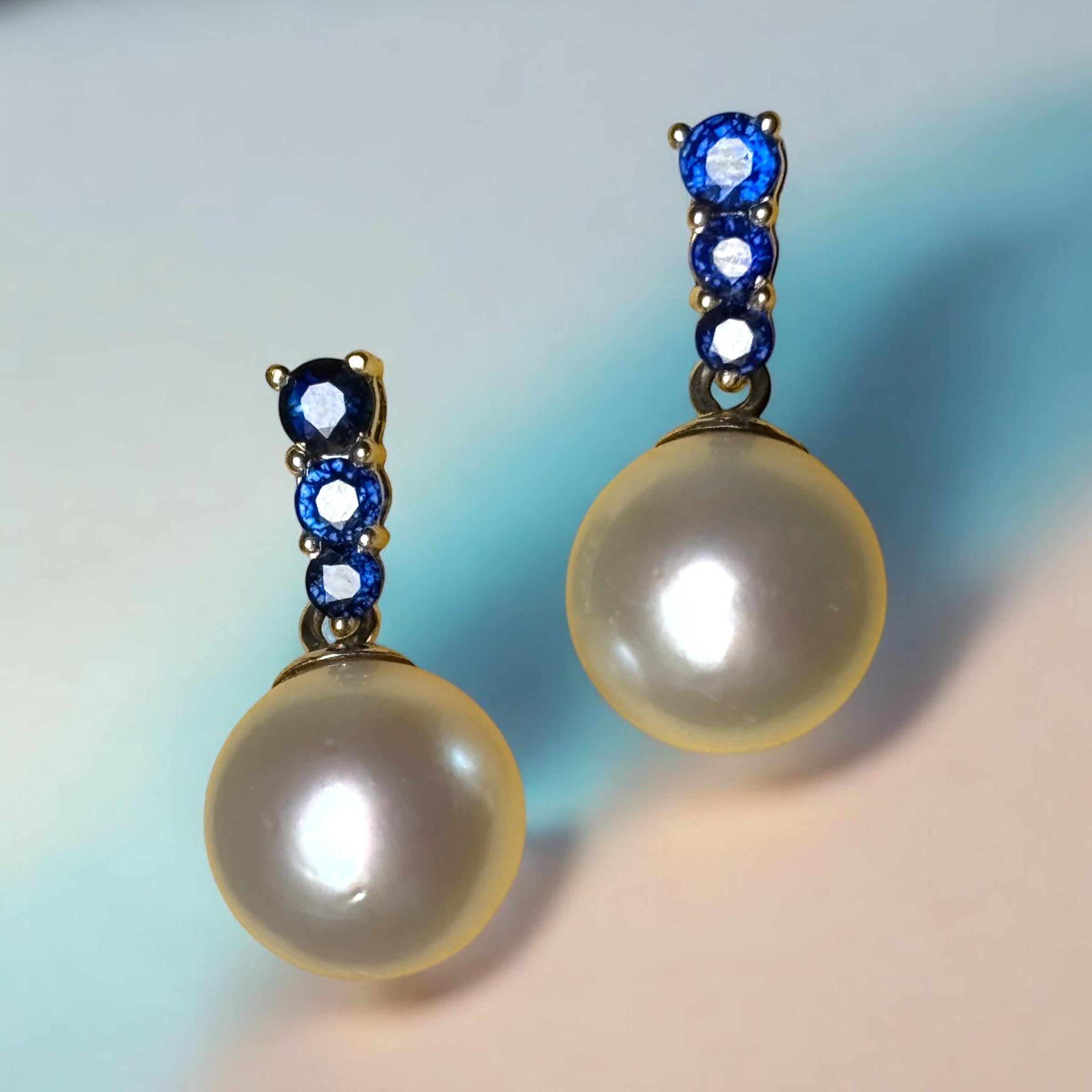 South Sea Cultured Pearl GIA Certified & Blue Sapphire Earrings For Sale 1