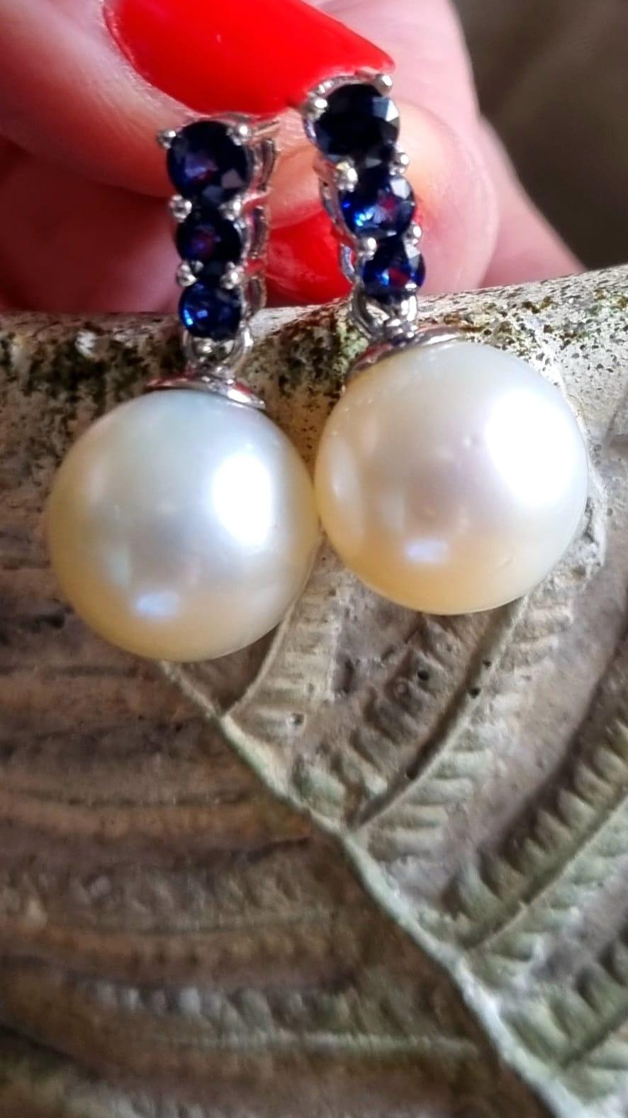 South Sea Cultured Pearl GIA Certified & Blue Sapphire Earrings For Sale 3