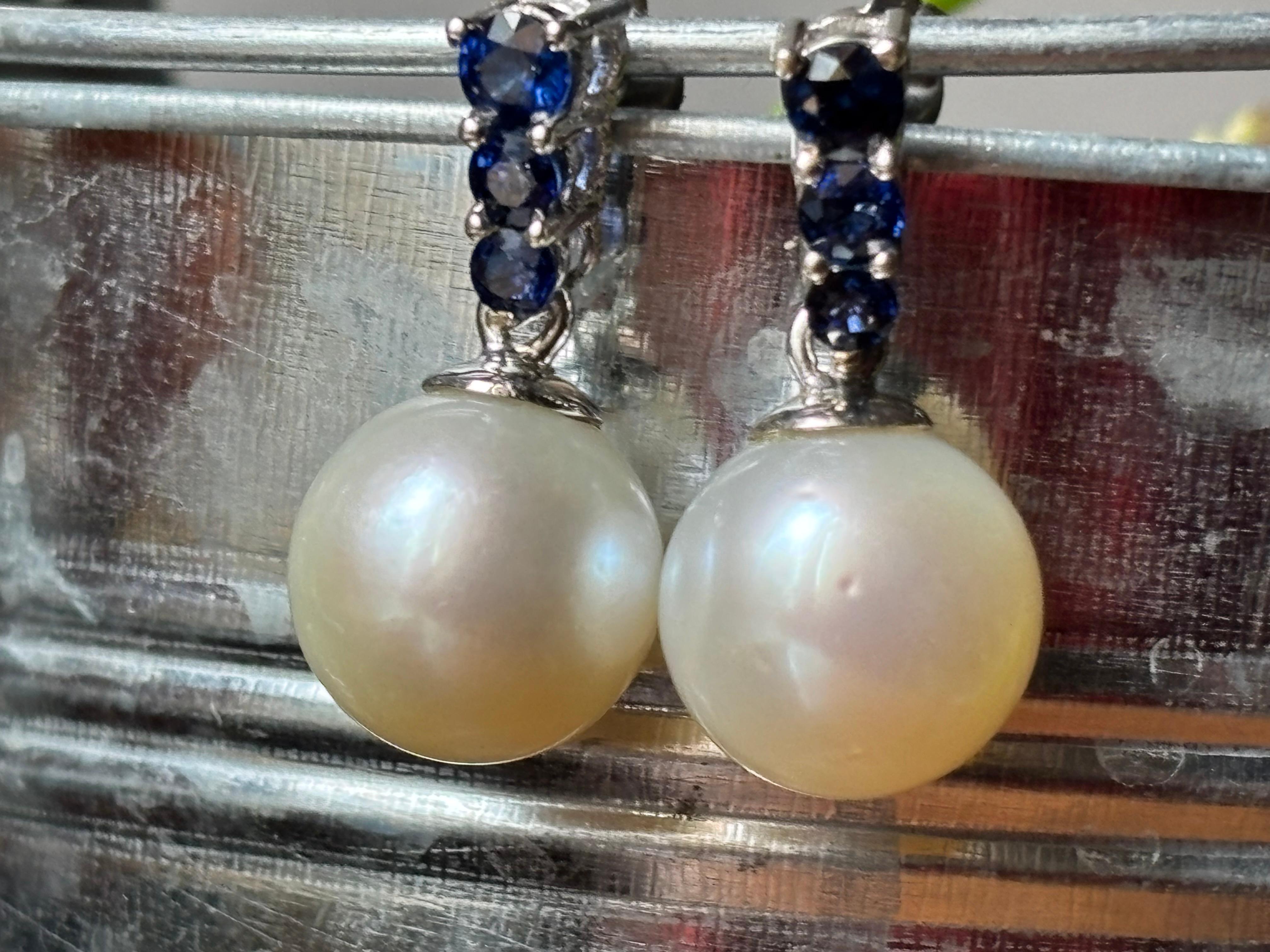 South Sea Cultured Pearl GIA Certified & Blue Sapphire Earrings For Sale 2