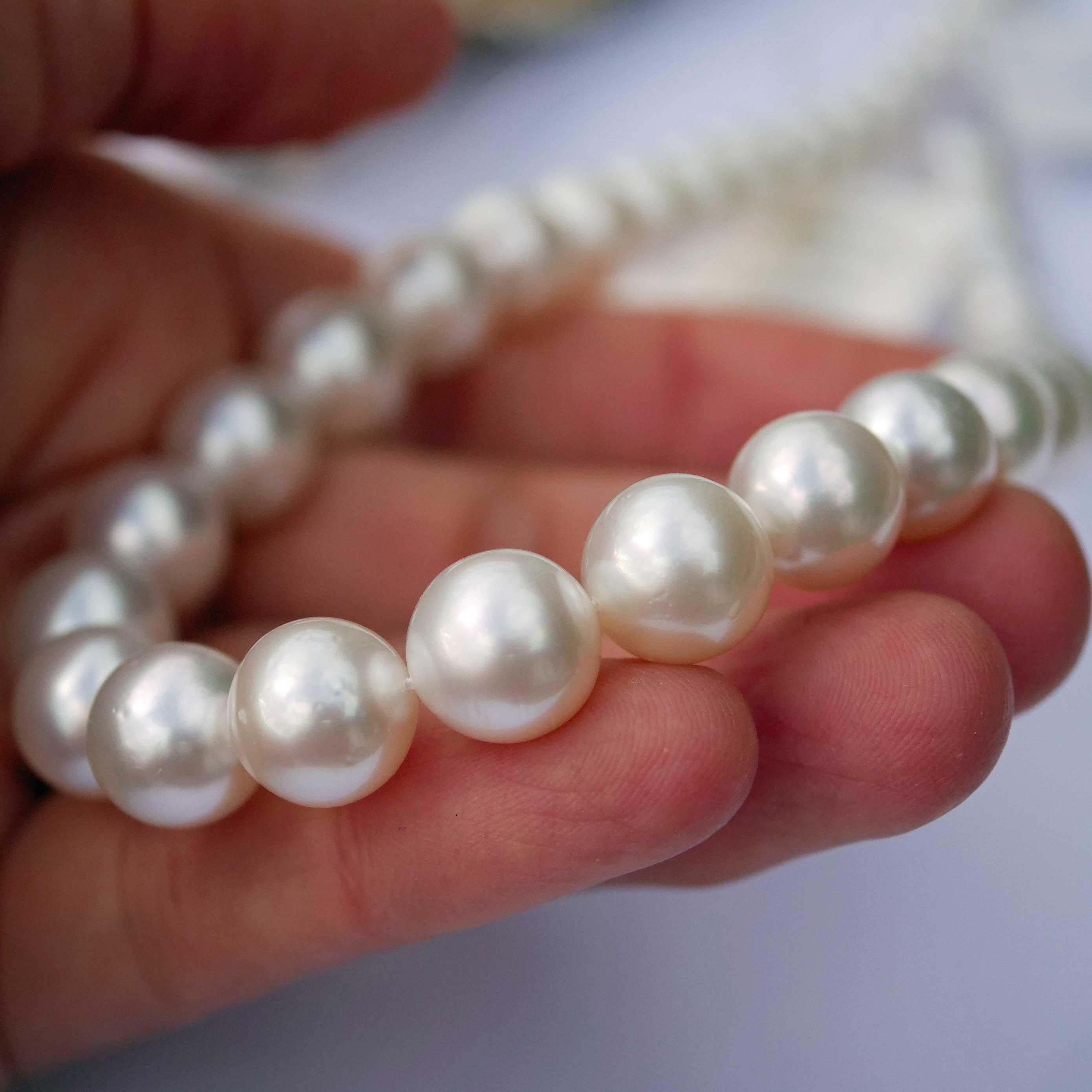 Moderno Fili di perle coltivate del MARE DEL SUD bianche AAA+ VERY FINE Luster rotonde 11,9 x 9,0 mm in vendita