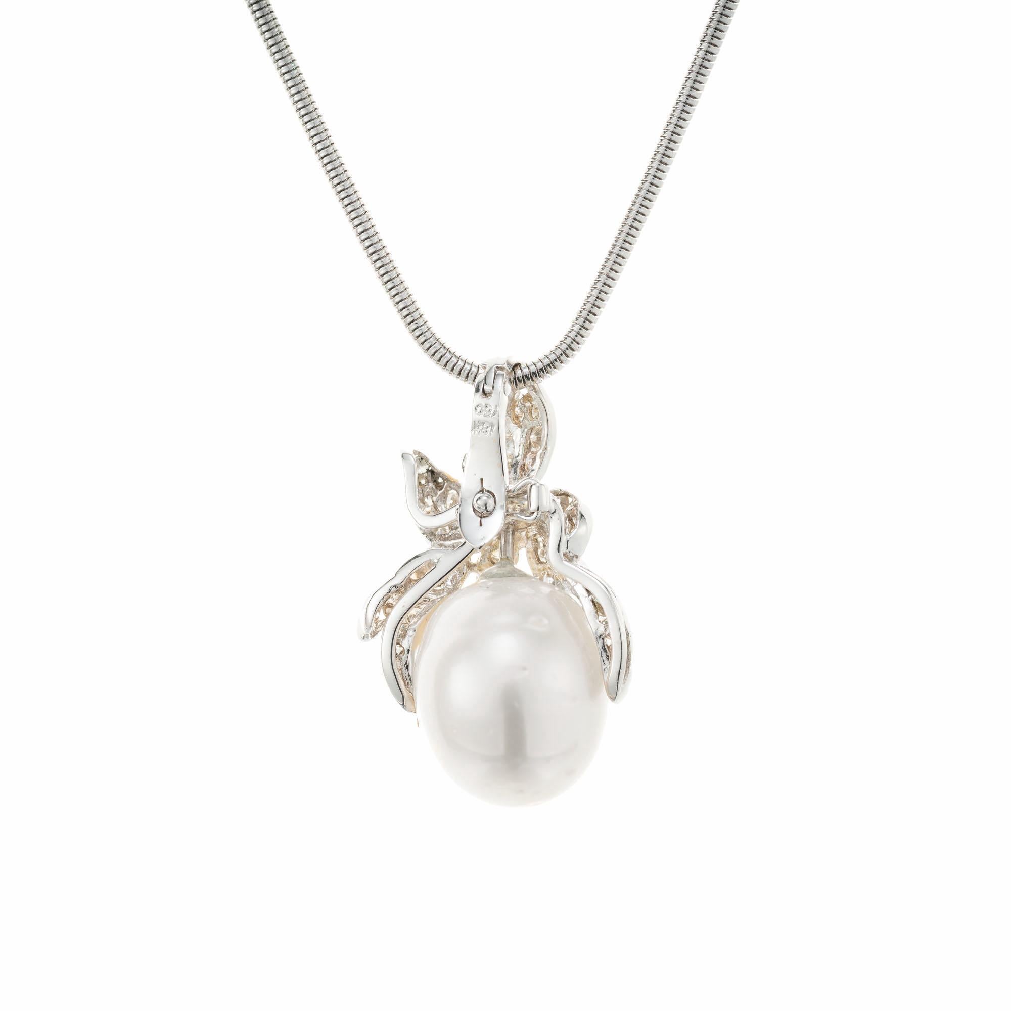 Round Cut South Sea Cultured Pearl White Gold Enhancer Pendant Necklace For Sale