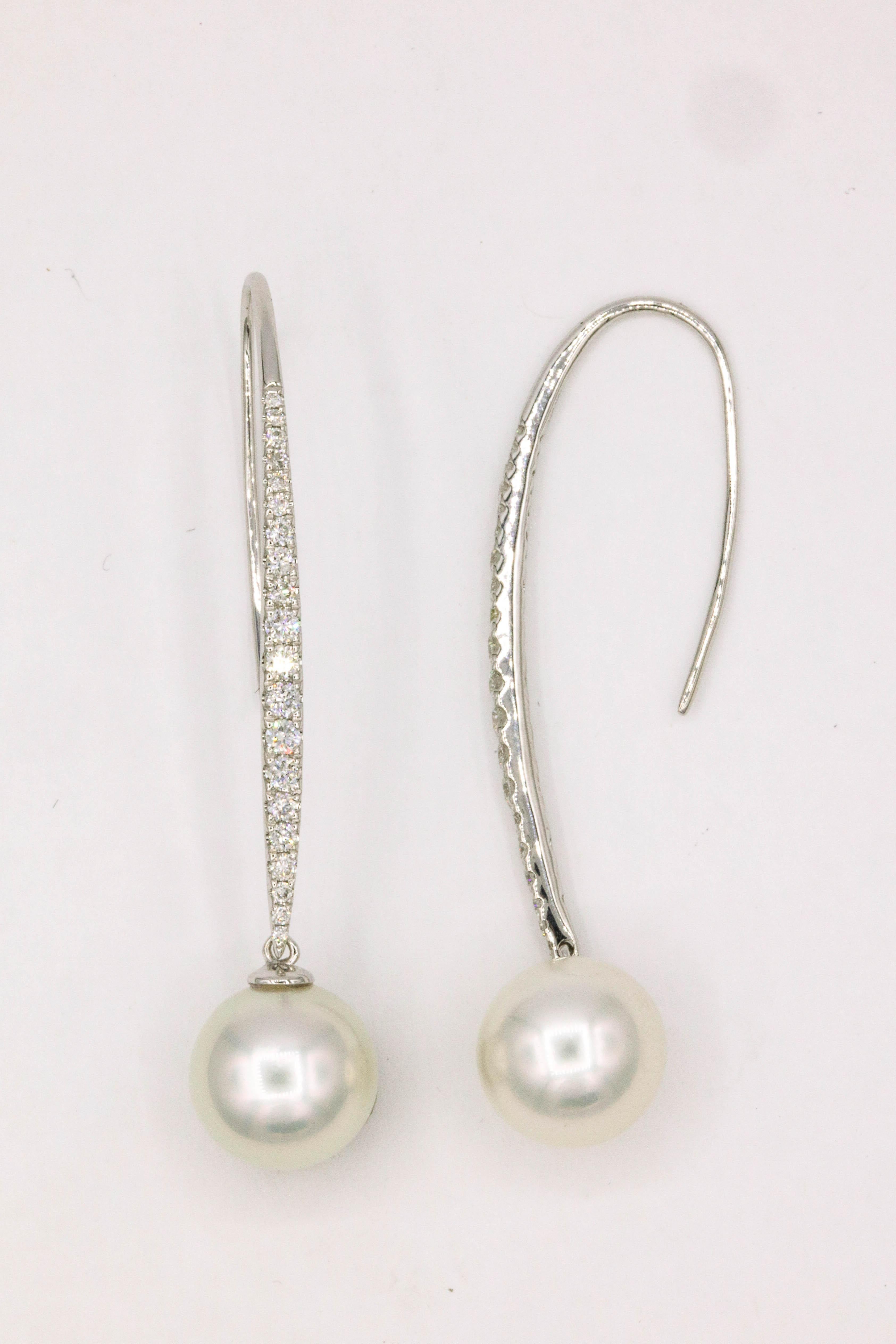 Contemporary South Sea Diamond Drop Earrings 0.57 Carat 18K White Gold 10-11 MM For Sale