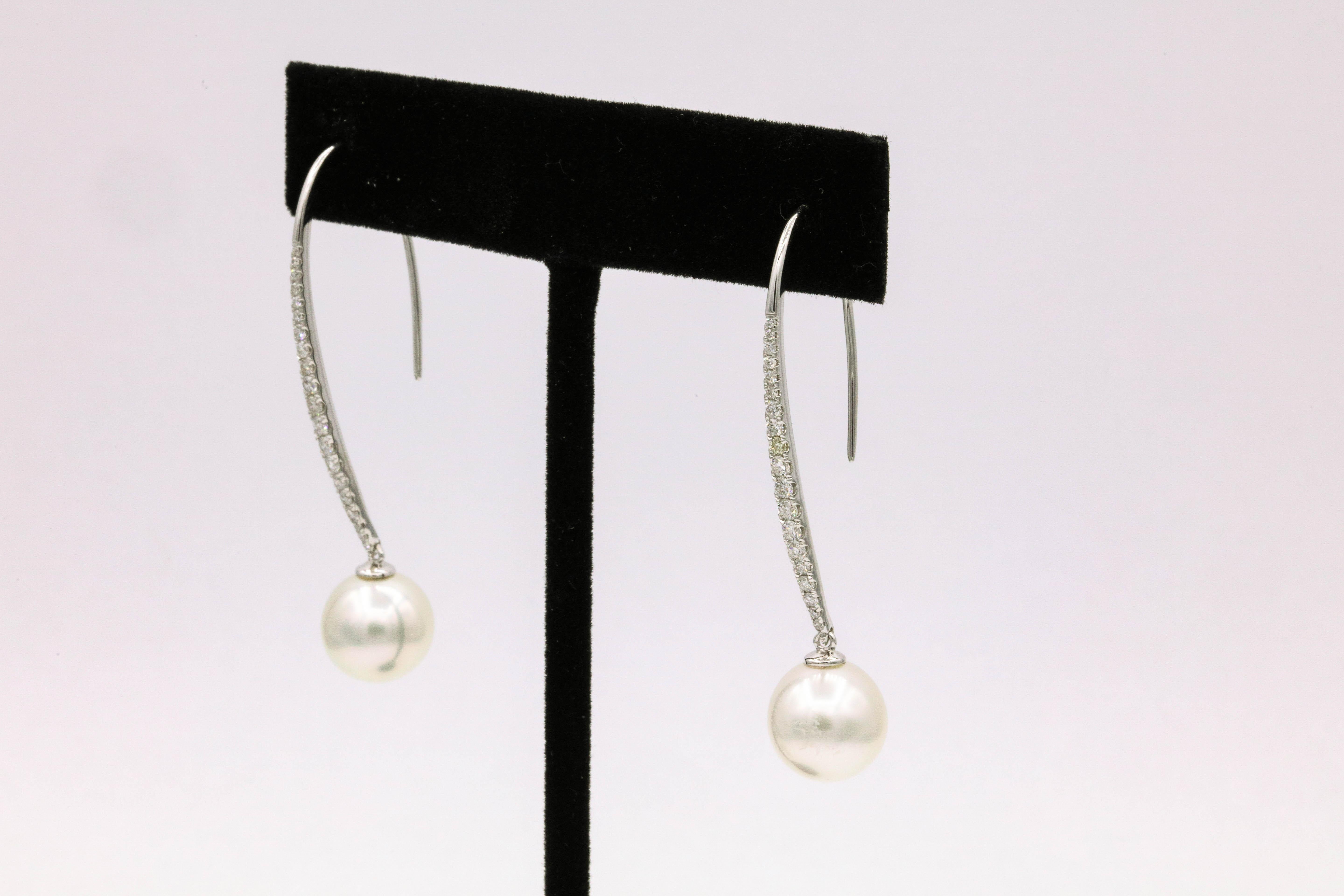 Round Cut South Sea Diamond Drop Earrings 0.57 Carat 18K White Gold  10-11 MM For Sale