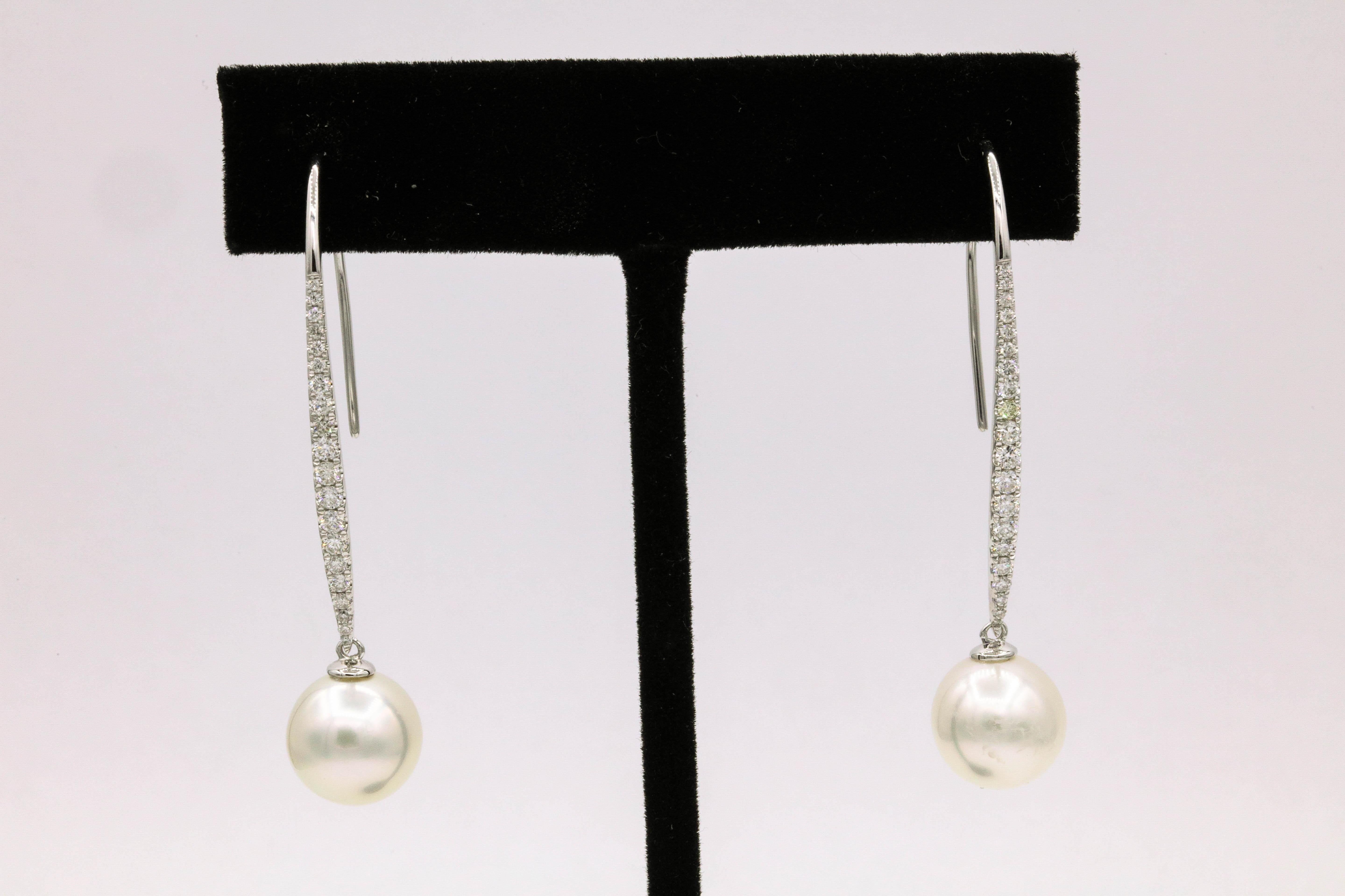South Sea Diamond Drop Earrings 0.57 Carat 18K White Gold  10-11 MM In New Condition For Sale In New York, NY