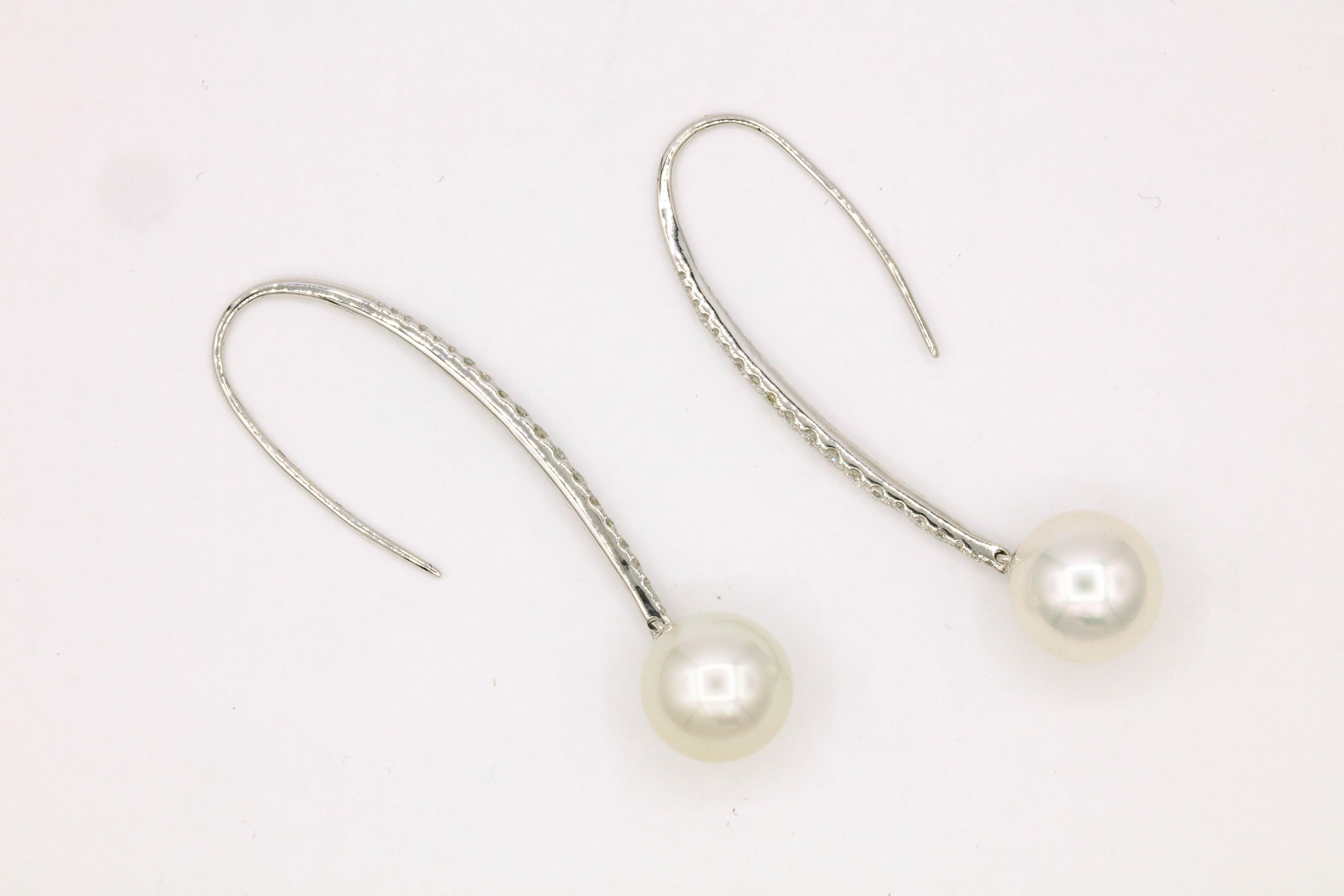 Women's South Sea Diamond Drop Earrings 0.57 Carat 18K White Gold  10-11 MM For Sale