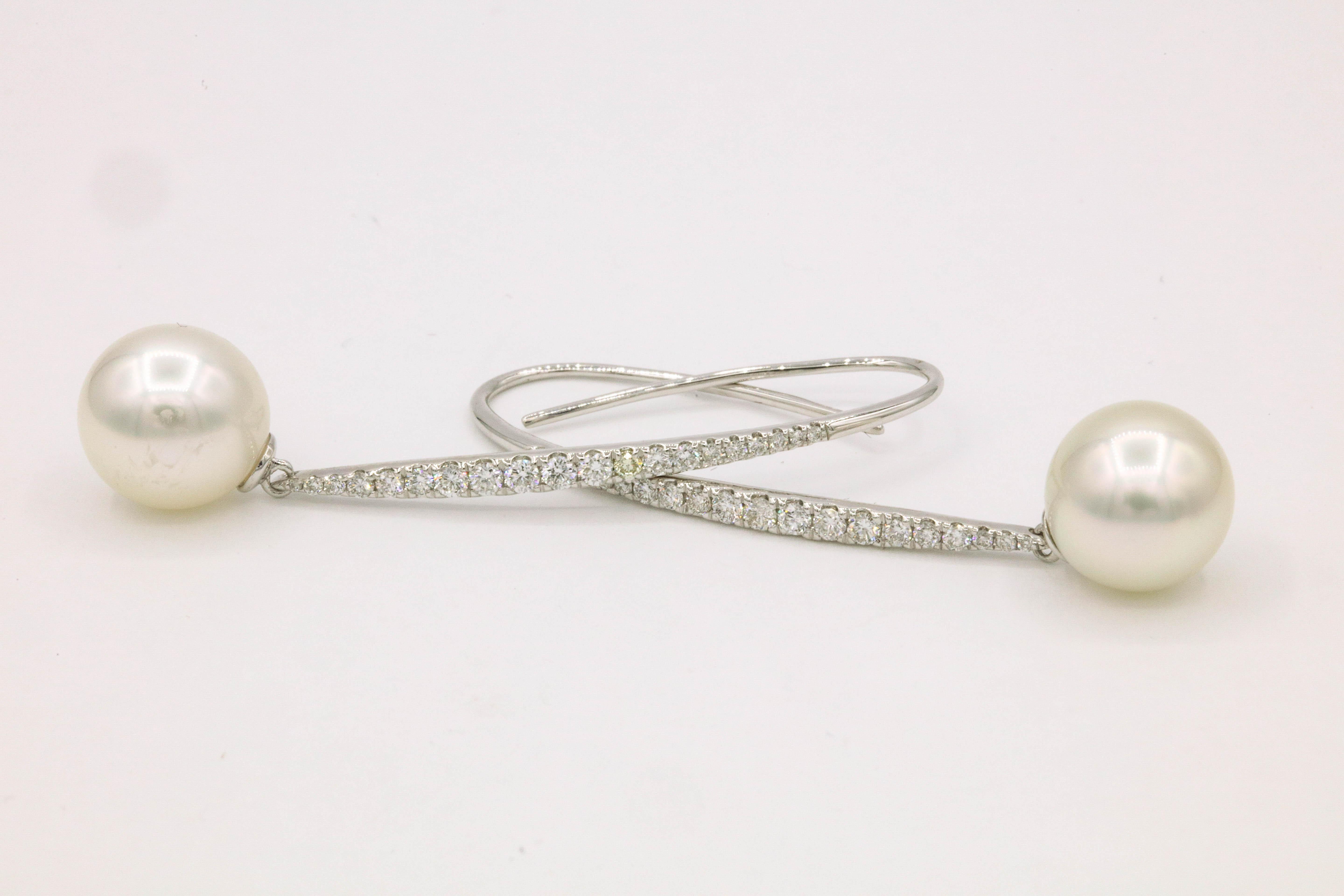 South Sea Diamond Drop Earrings 0.57 Carat 18K White Gold  10-11 MM For Sale 1