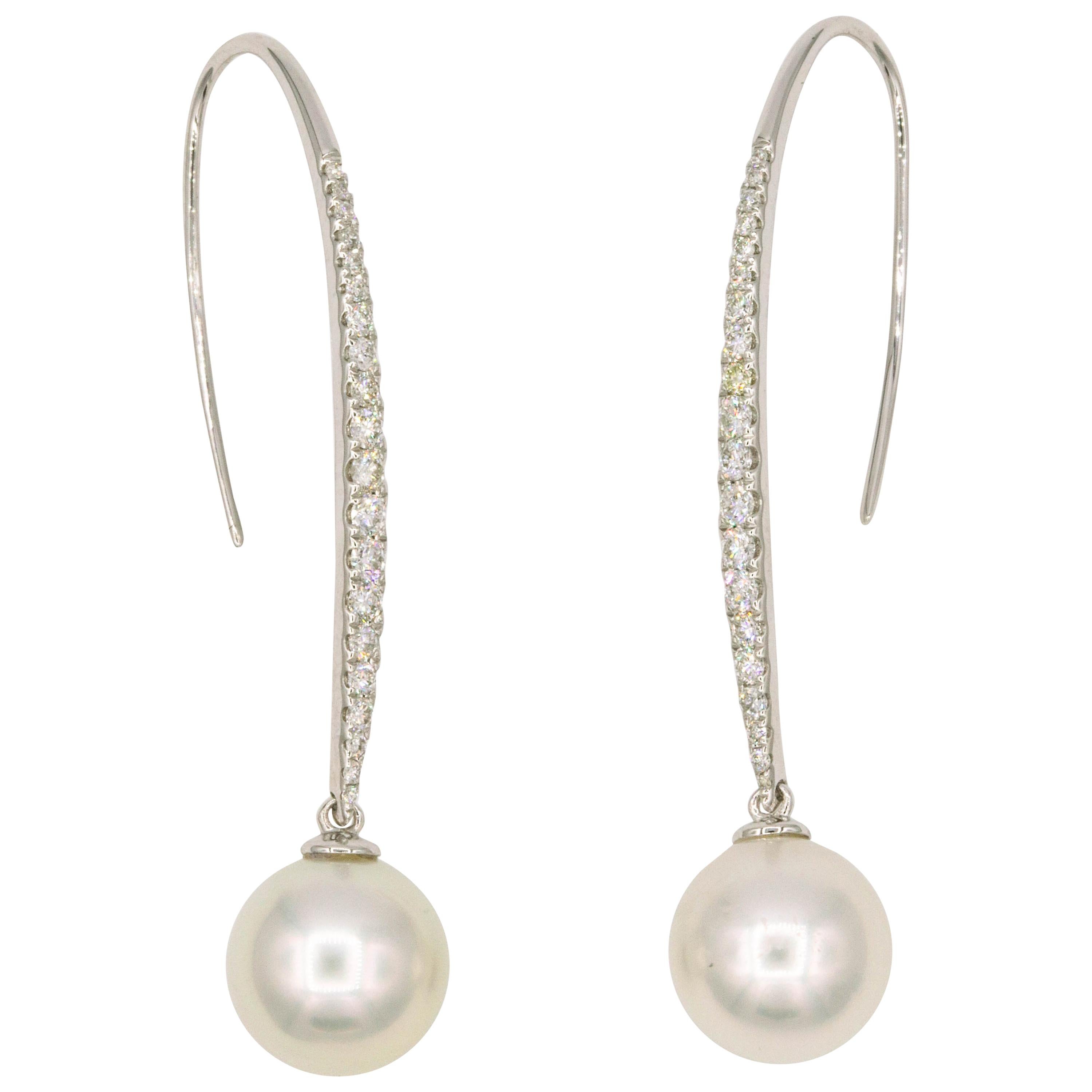 South Sea Diamond Drop Earrings 0.57 Carat 18K White Gold  10-11 MM