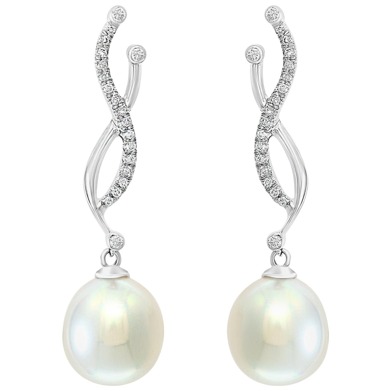 South Sea Drop Cultured Pearl and Diamond 14 Karat White Gold Earrings For Sale