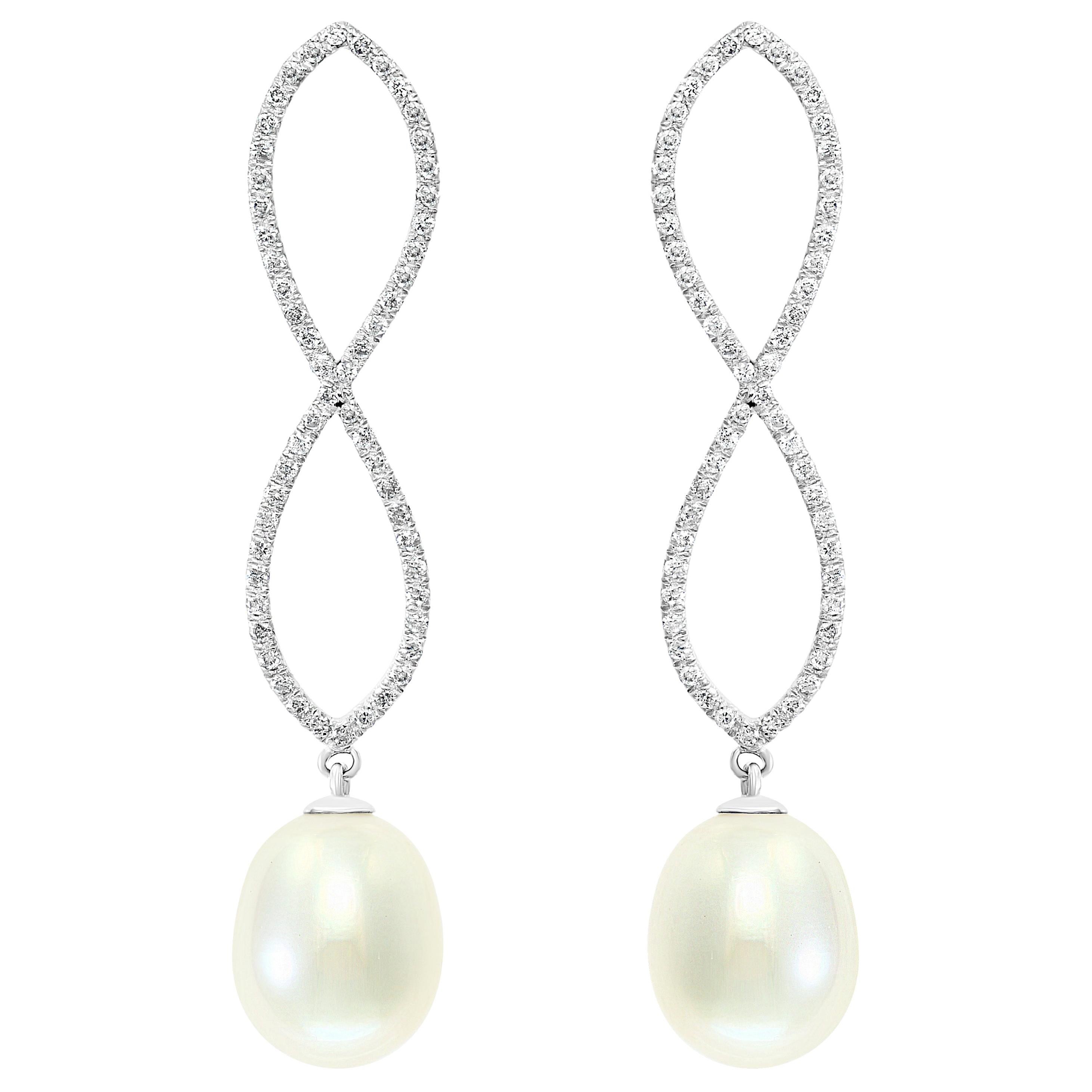 South Sea Drop Cultured Pearl and Diamond 14 Karat White Gold Infinity Earrings For Sale