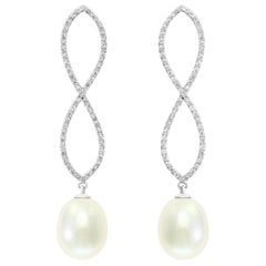 South Sea Drop Cultured Pearl and Diamond 14 Karat White Gold Infinity Earrings