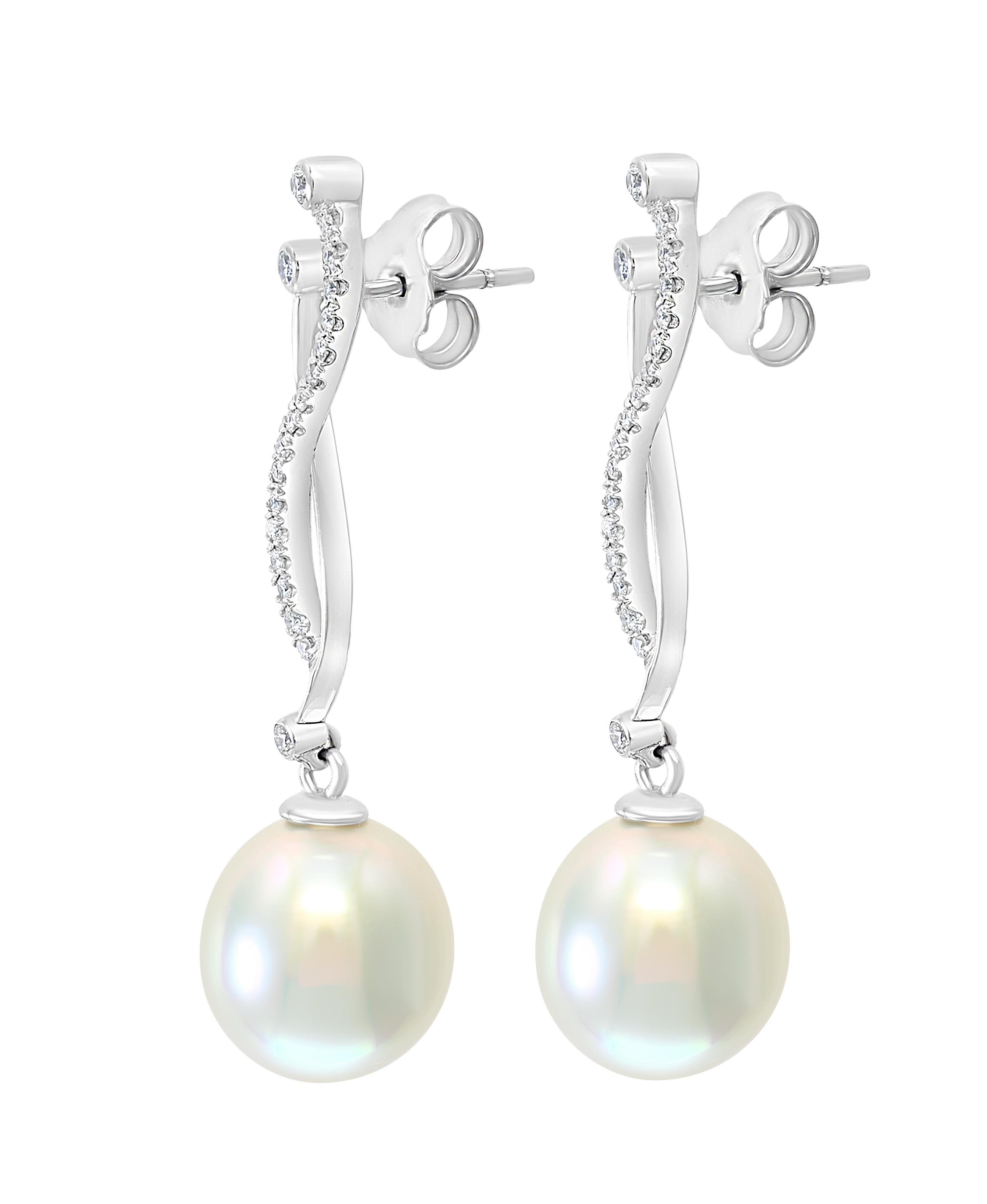 Contemporary South Sea Drop Cultured Pearl and Diamond 14 Karat White Gold Earrings For Sale