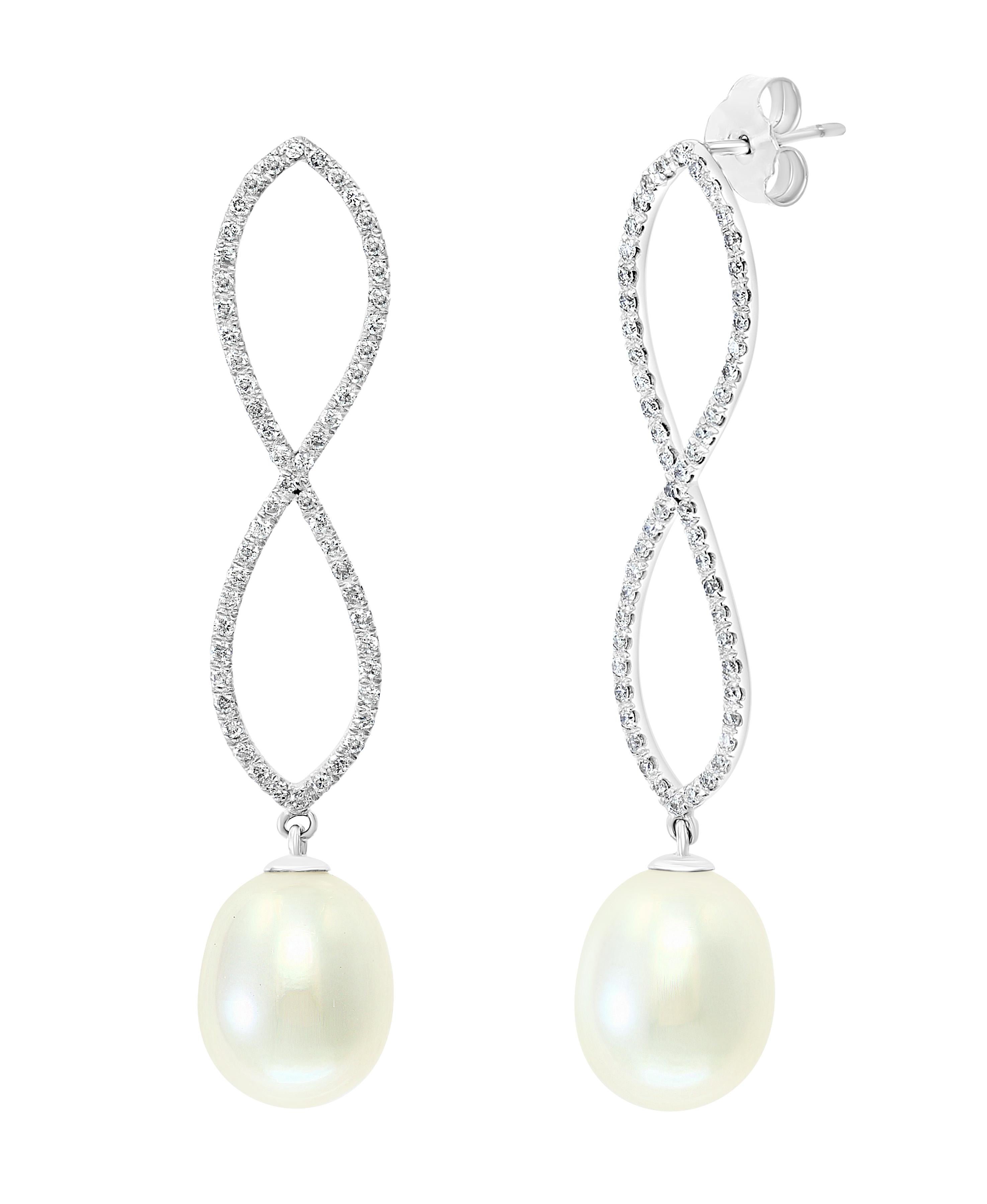 Contemporary South Sea Drop Cultured Pearl and Diamond 14 Karat White Gold Infinity Earrings For Sale