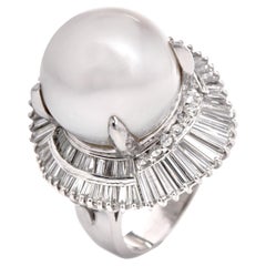 South-Sea GIA Pearl Platinum baguette diamond cocktail Ring