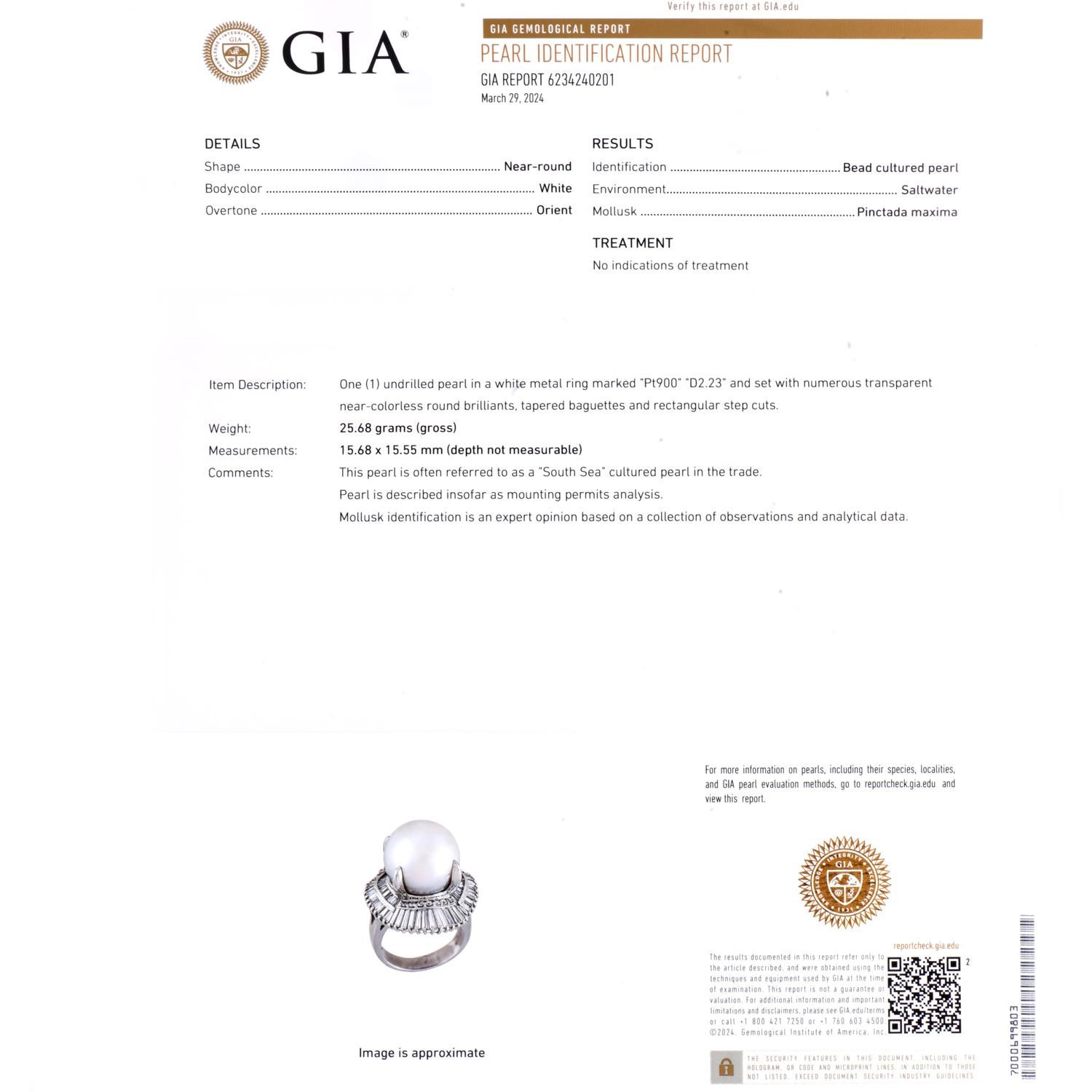Baguette Cut South-Sea GIA Pearl Platinum baguette diamond cocktail Ring For Sale