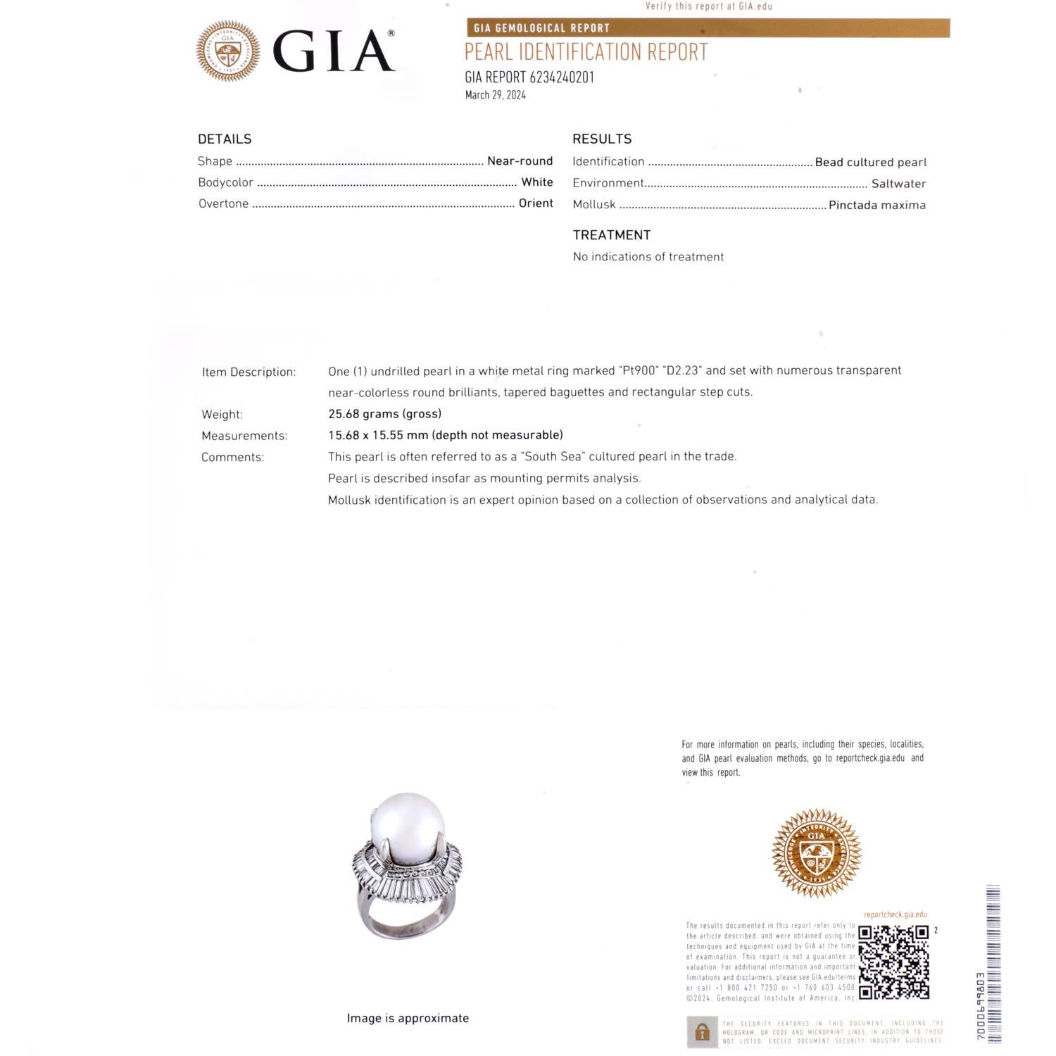 Taille baguette Bague cocktail en platine avec perle des mers du Sud et diamants baguettes certifiés GIA en vente