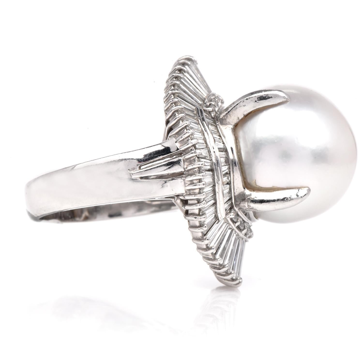 Women's South-Sea GIA Pearl Platinum baguette diamond cocktail Ring For Sale