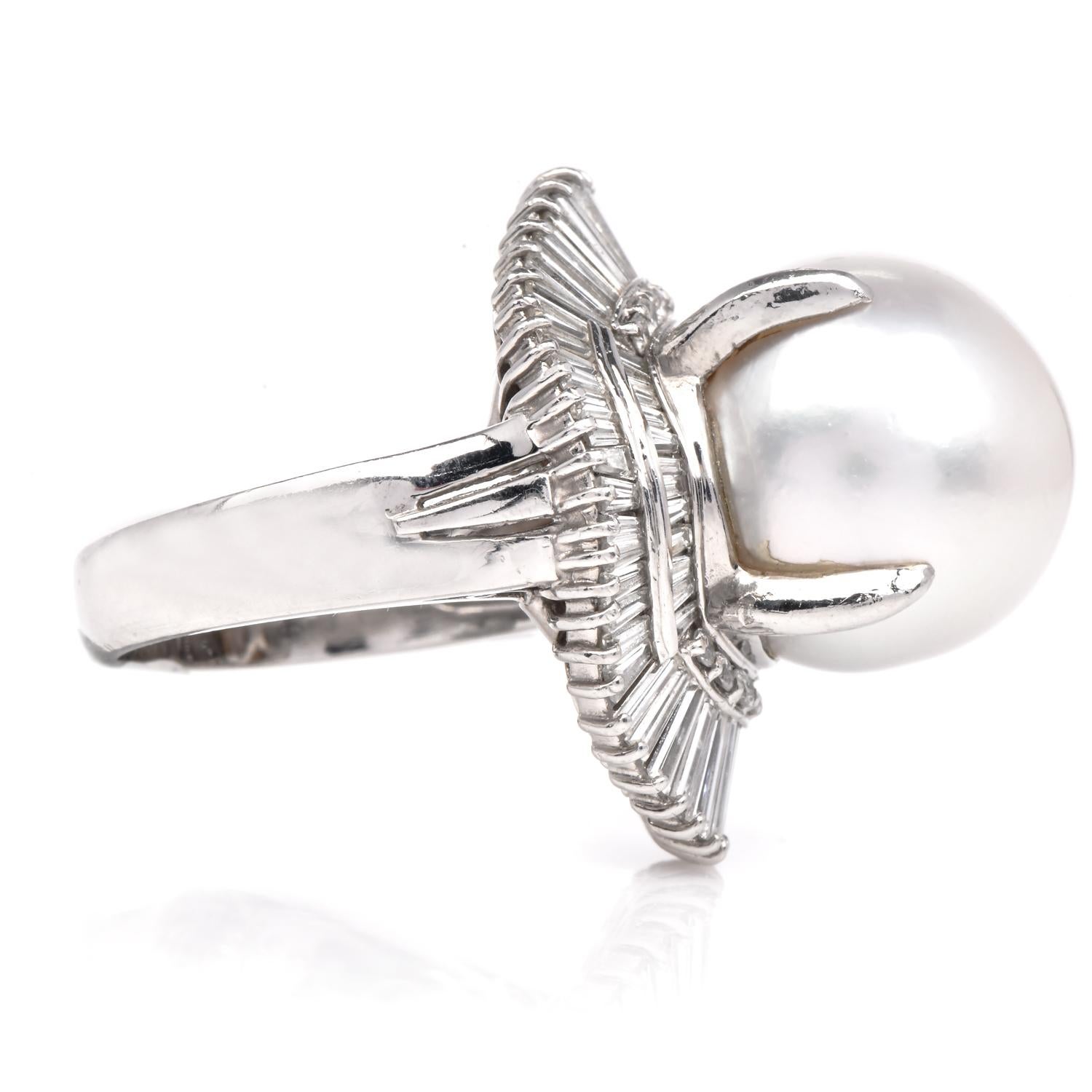 Bague cocktail en platine avec perle des mers du Sud et diamants baguettes certifiés GIA Pour femmes en vente