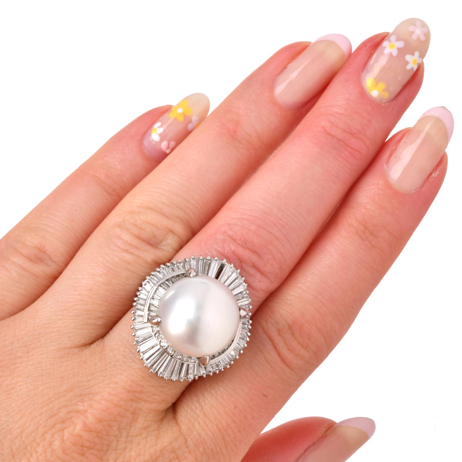 South-Sea GIA Pearl Platinum baguette diamond cocktail Ring For Sale 1
