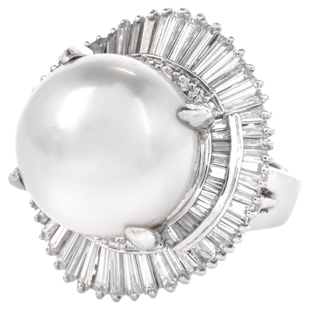 South-Sea GIA Pearl Platinum baguette diamond cocktail Ring For Sale