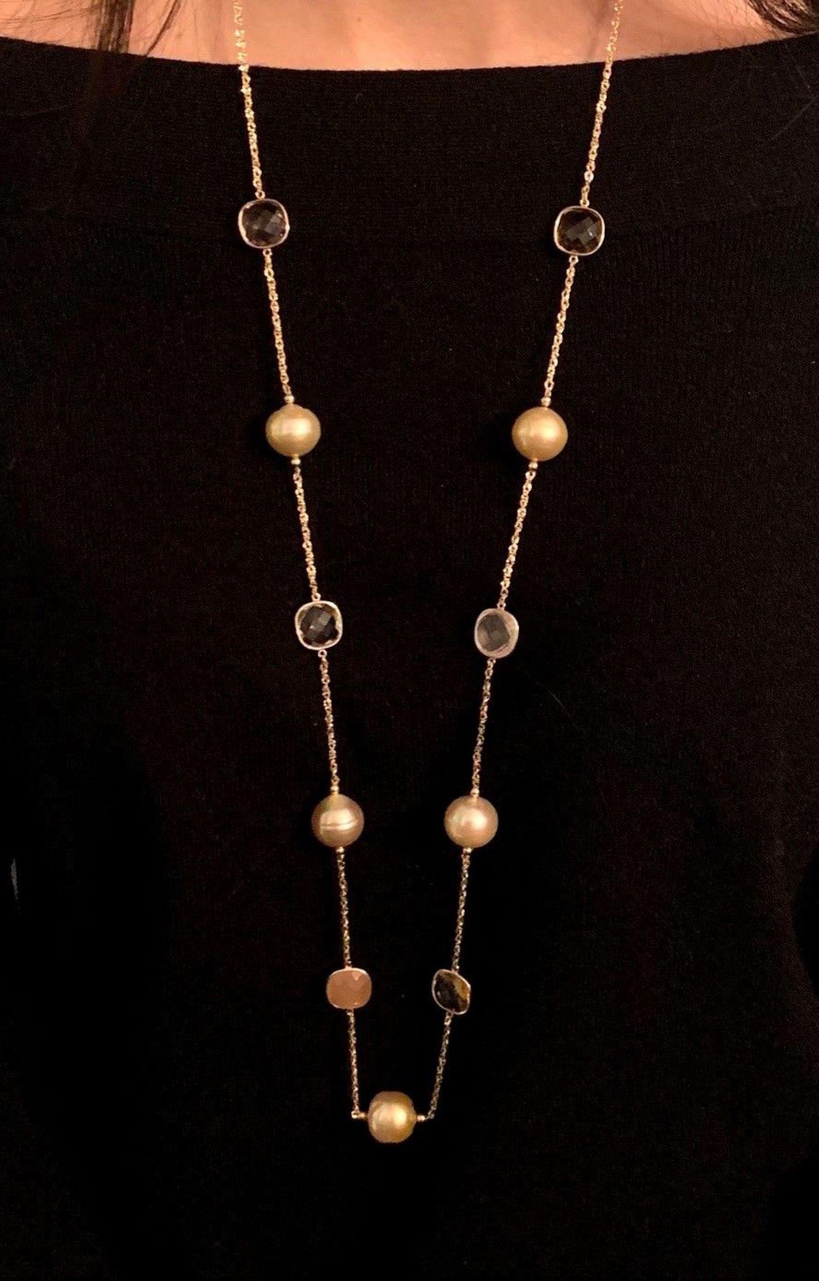 Modern South Sea Gold Pearl Quartz Necklace 14 Karat Gold Certified For Sale