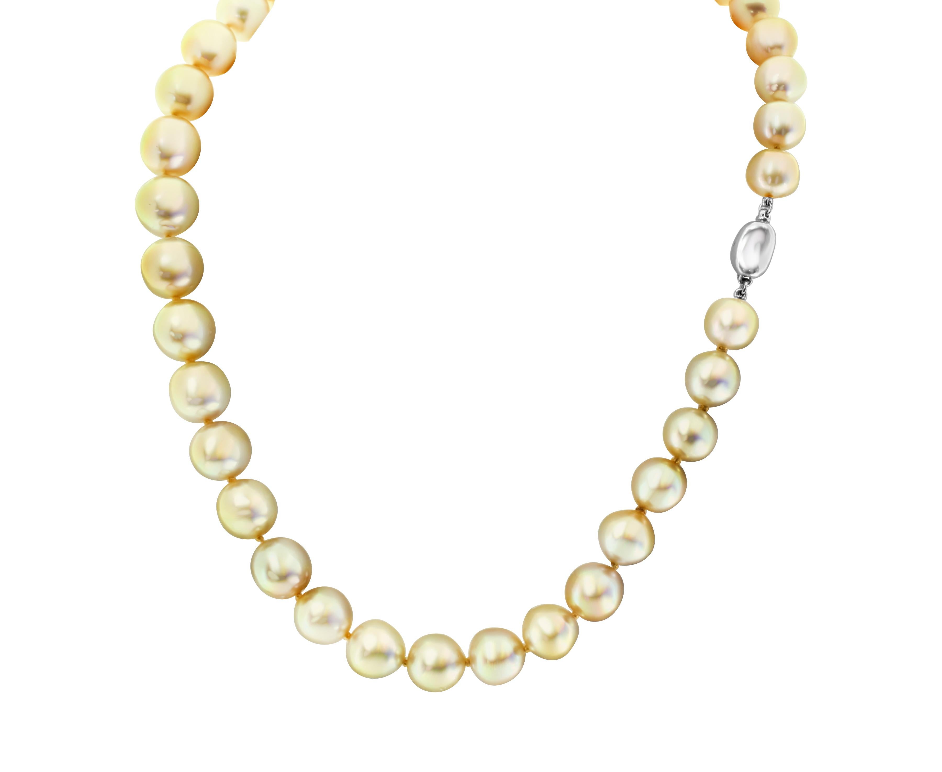This 18 inches necklace features South Sea Golden cultured pearls that are ever so slightly off-round. The pearls measure 10x12.8mm. The necklace is finished with a silver tone clasp. The single-knotted strand is hand-strung on pure silk cord,