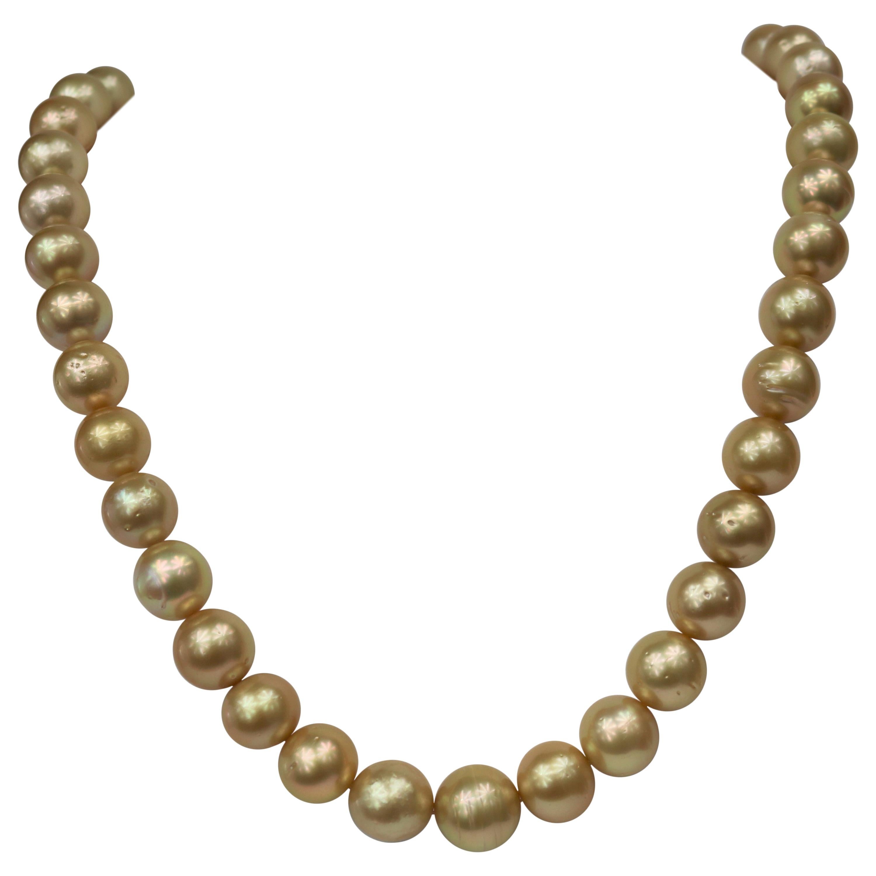 Deep Golden Color South Sea Pearl Necklace, Round, 18 Karat Gold For ...