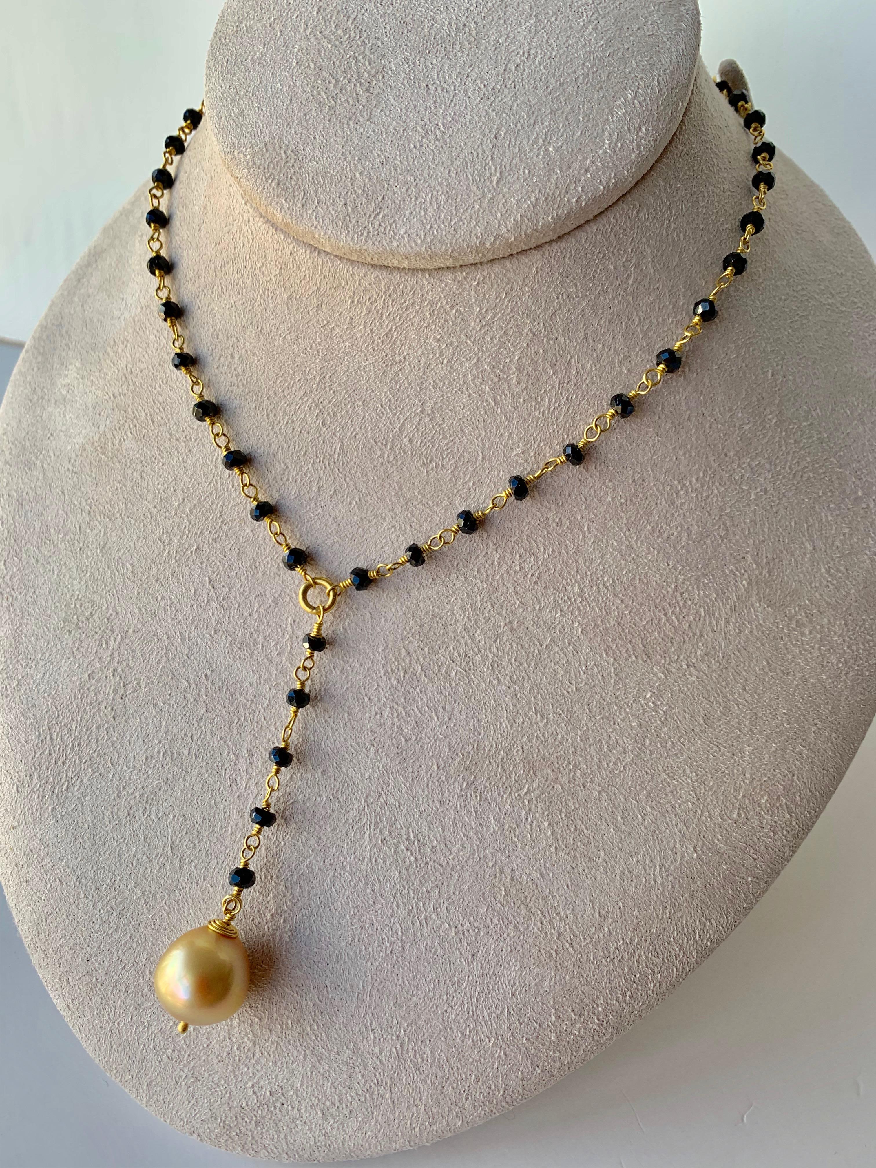 Black spinel beads on Y chain in 22 karat gold fitted with a large stunning golden South Sea cultured pearl and toggle clasp. Officially the world’s oldest gem, pearls have been revered since long before written history. Pearls were presented as