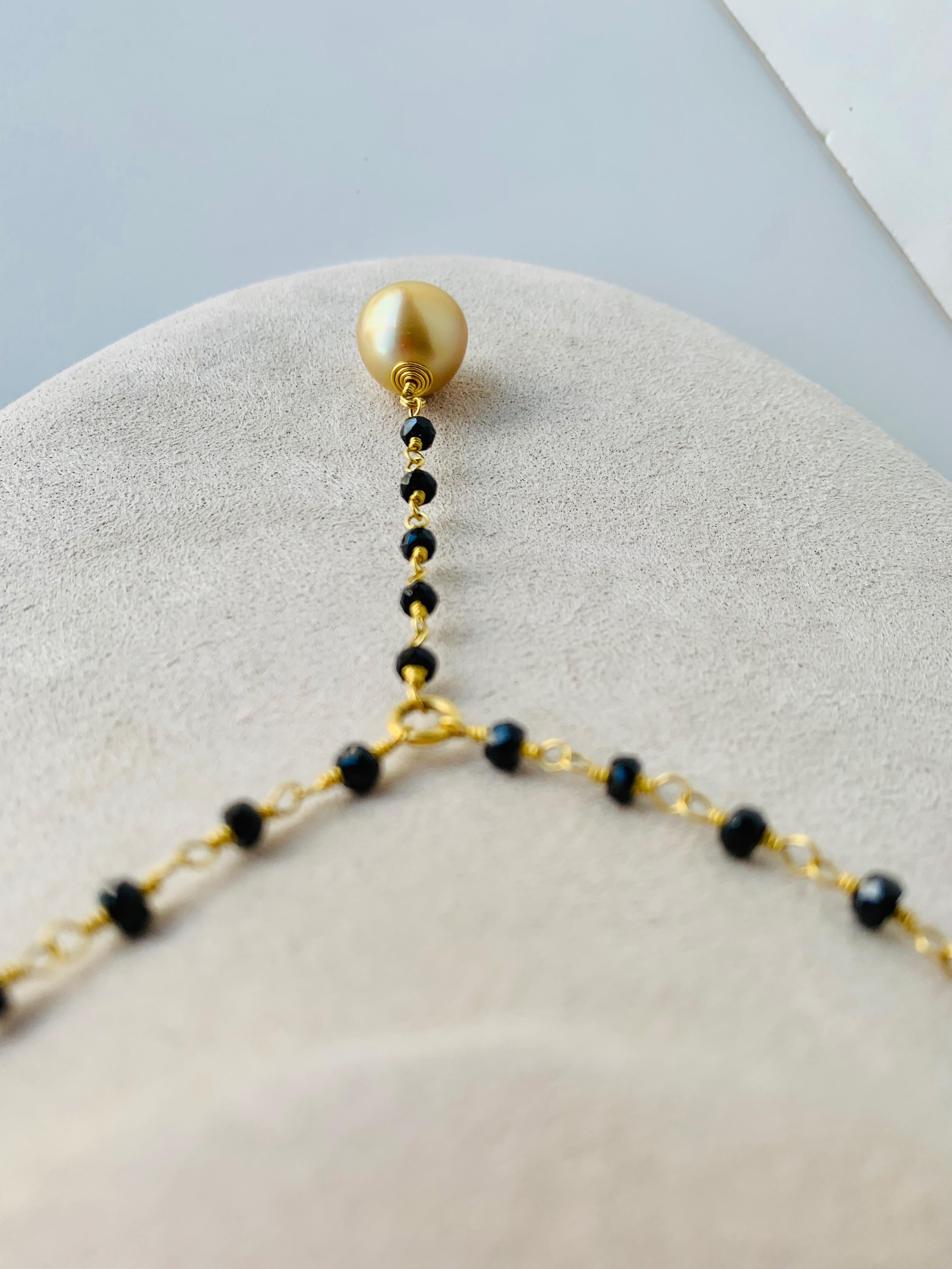 Artisan South Sea Golden Pearl and Black Spinel Necklace 22 Karat Gold