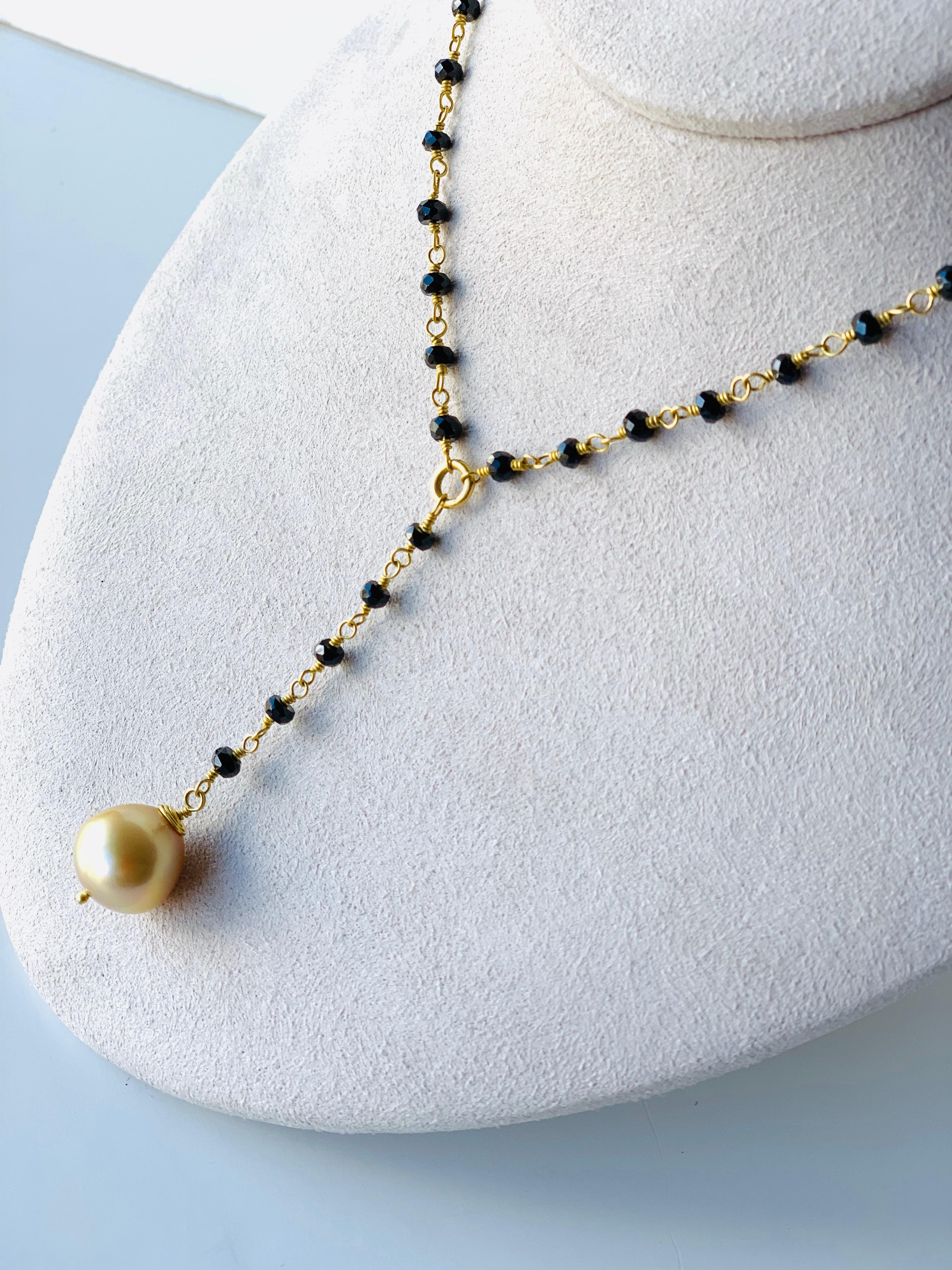 Round Cut South Sea Golden Pearl and Black Spinel Necklace 22 Karat Gold
