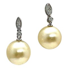 Diamond South Sea Golden Pearl Earrings 14k Gold 11.40 mm Certified