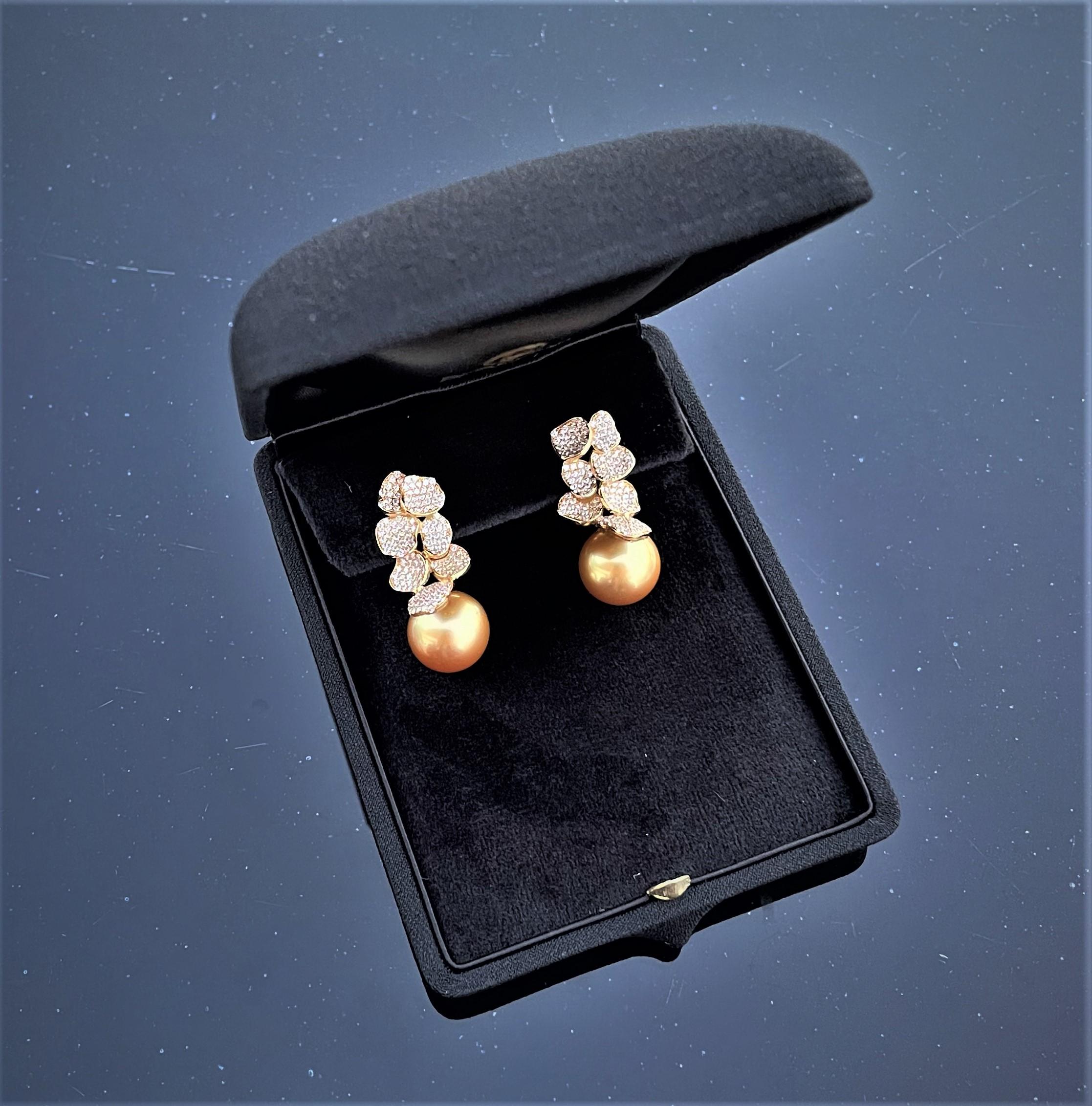 Round Cut Rosior South Sea Golden Pearl and Diamond Contemporary Drop Earrings 