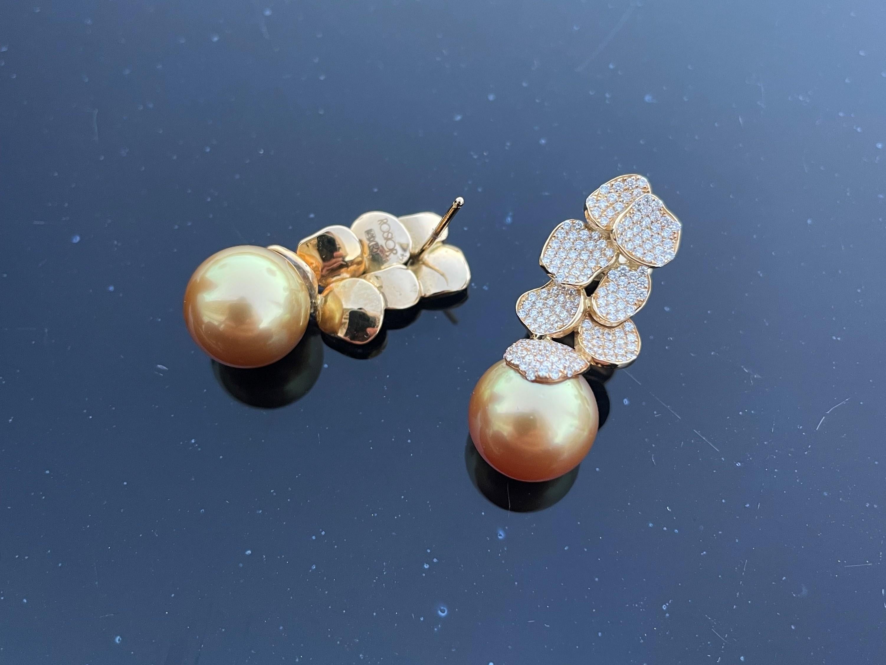 Rosior South Sea Golden Pearl and Diamond Contemporary Drop Earrings  In New Condition In Porto, PT