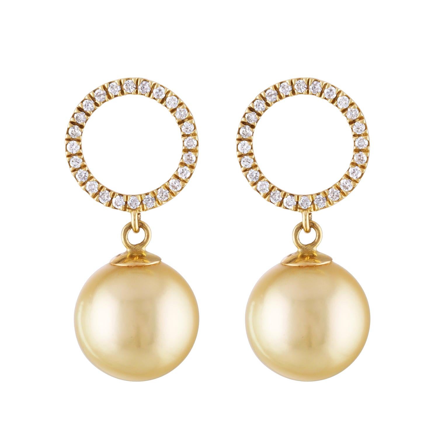 South Sea Golden Cultured Pearl and Diamond Dangle Halo Earrings For Sale
