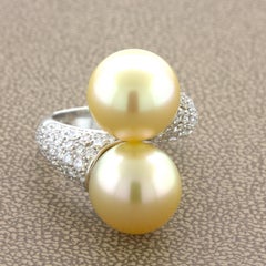 South Sea Golden Pearl Diamond 18K White Gold Bypass Ring