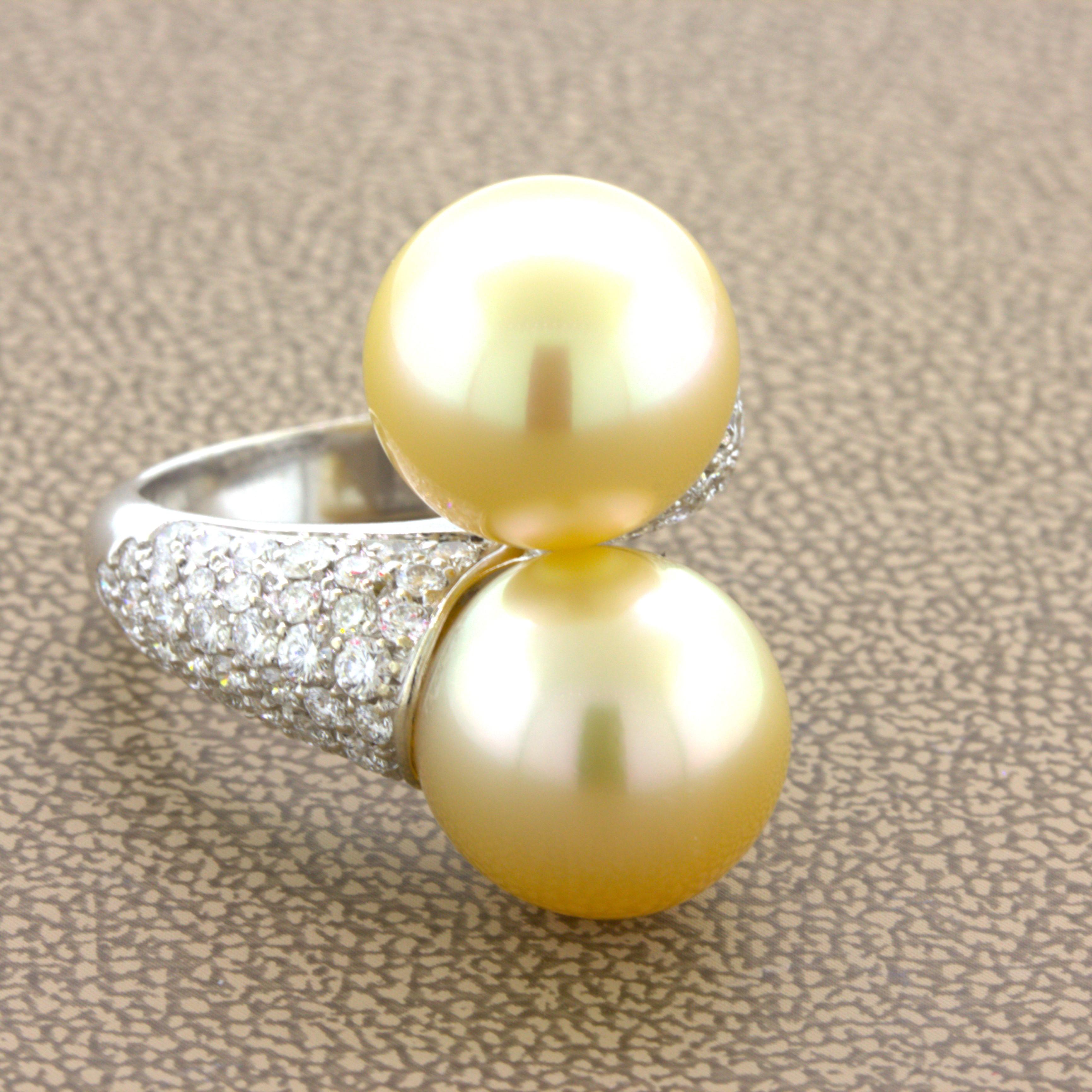 Ball Cut South Sea Golden Pearl Diamond 18K White Gold Bypass Ring For Sale