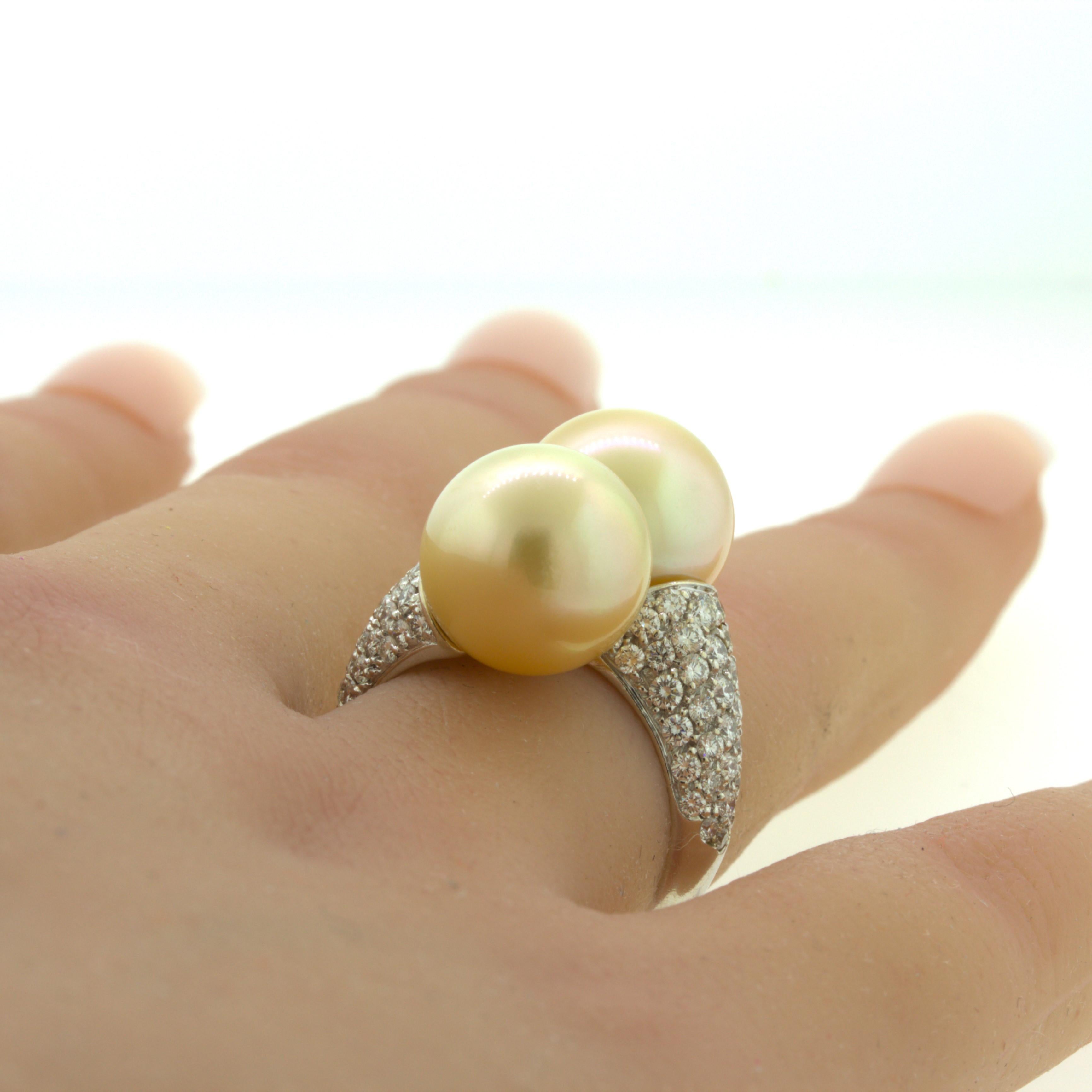 South Sea Golden Pearl Diamond 18K White Gold Bypass Ring For Sale 1