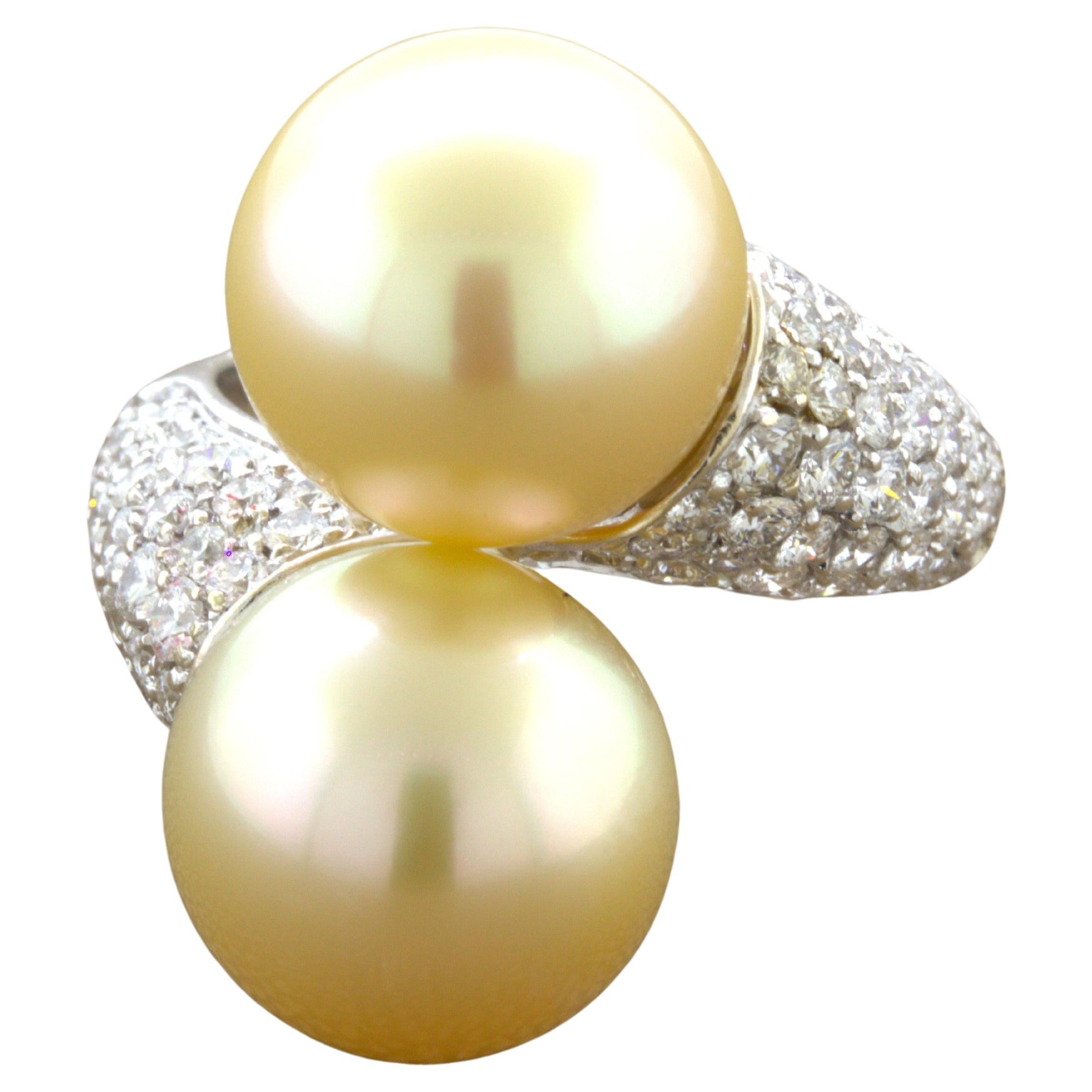 South Sea Golden Pearl Diamond 18K White Gold Bypass Ring For Sale