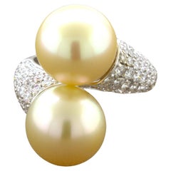 South Sea Golden Pearl Diamond 18K White Gold Bypass Ring