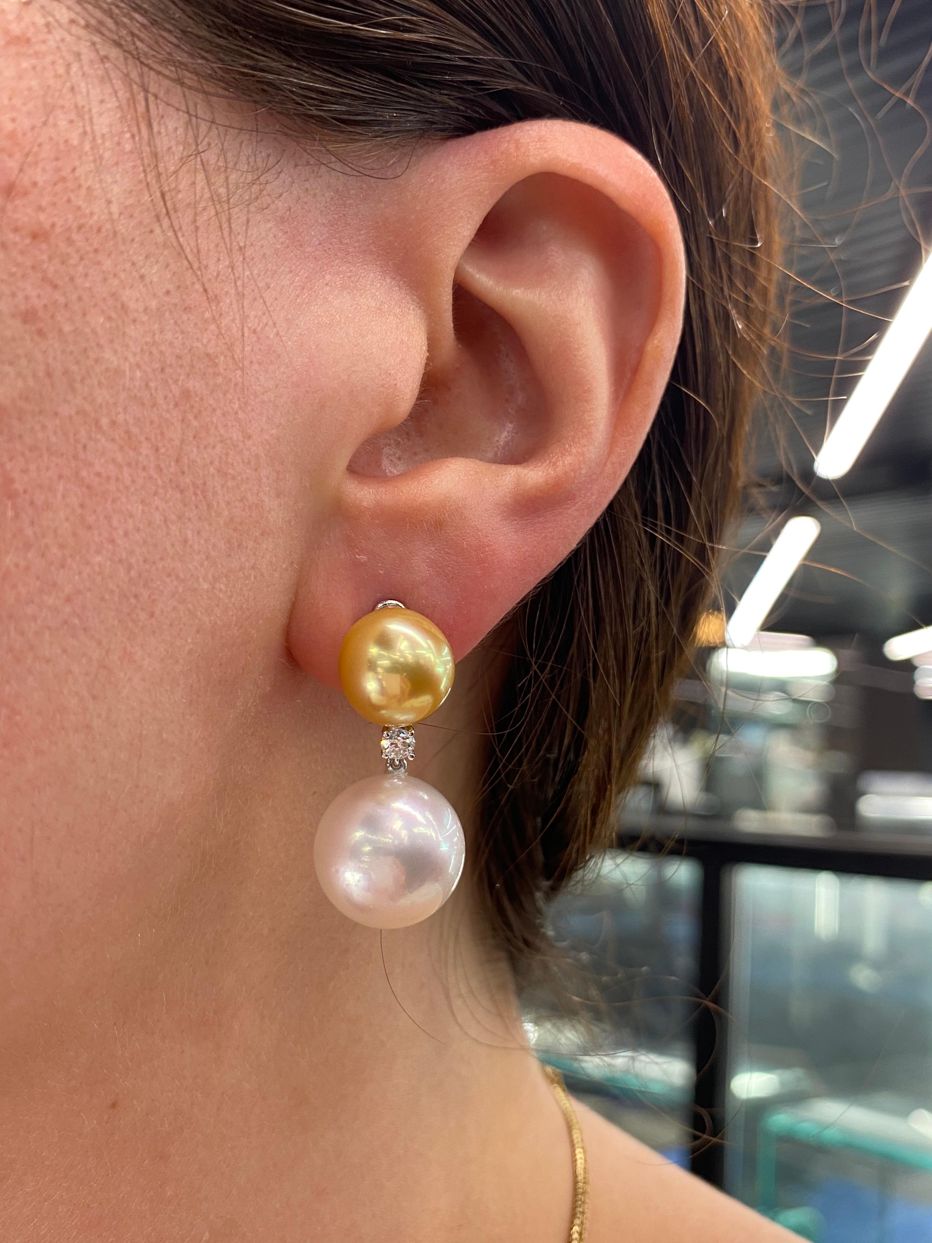 South Sea and Golden Pearl Diamond Drop Earrings 0.25 Carat 18 Karat White Gold For Sale 4