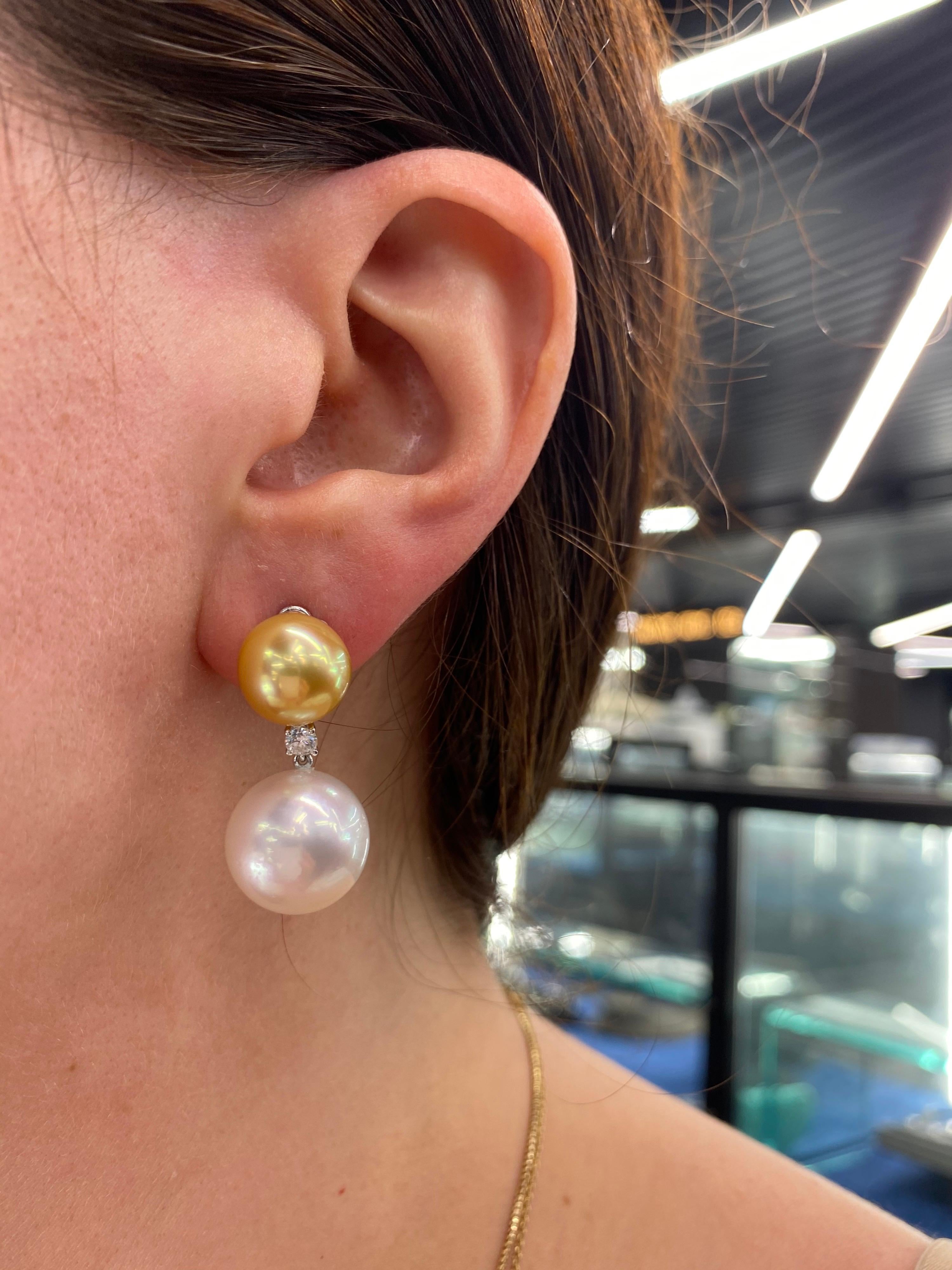 South Sea and Golden Pearl Diamond Drop Earrings 0.25 Carat 18 Karat White Gold For Sale 5