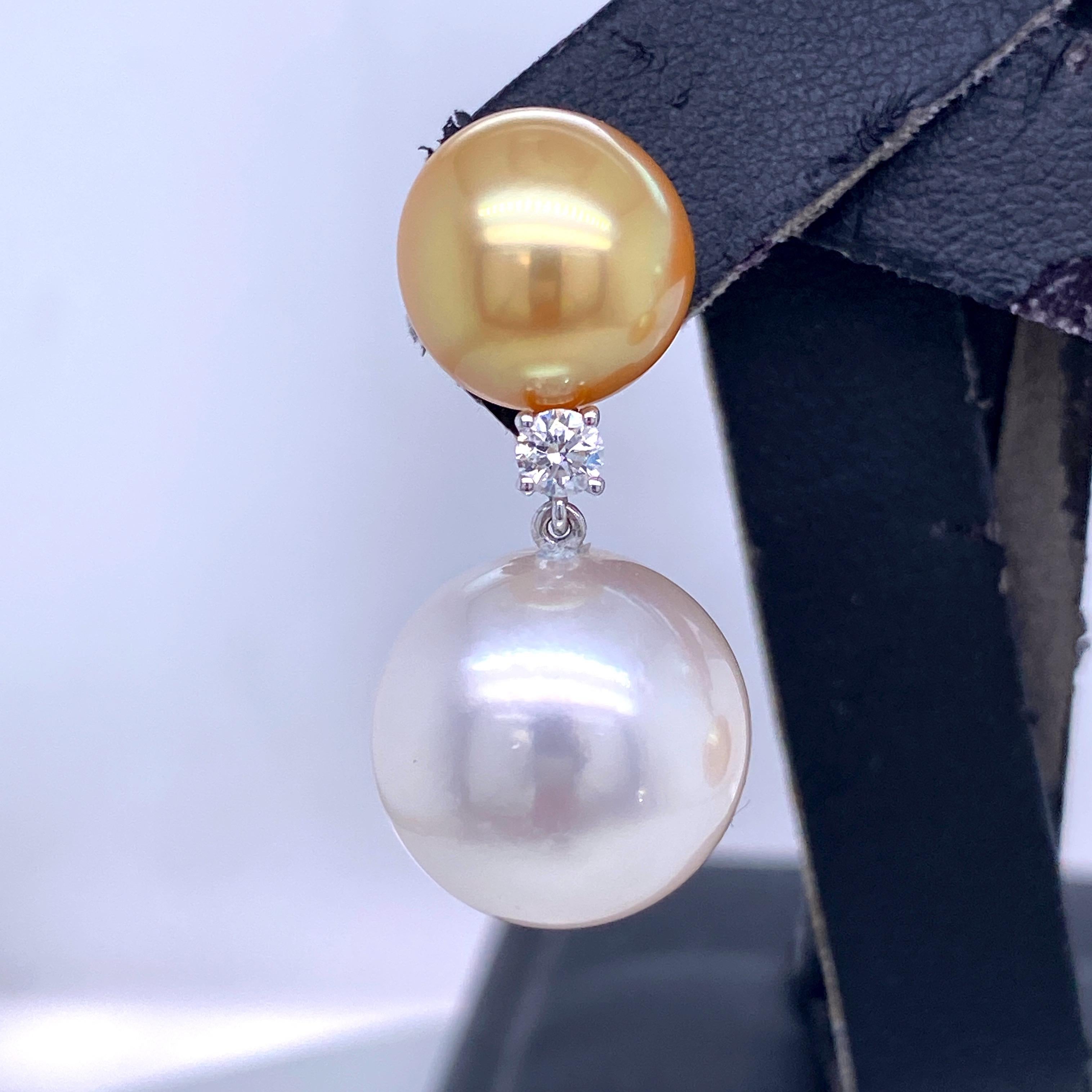 Contemporary South Sea and Golden Pearl Diamond Drop Earrings 0.25 Carat 18 Karat White Gold For Sale