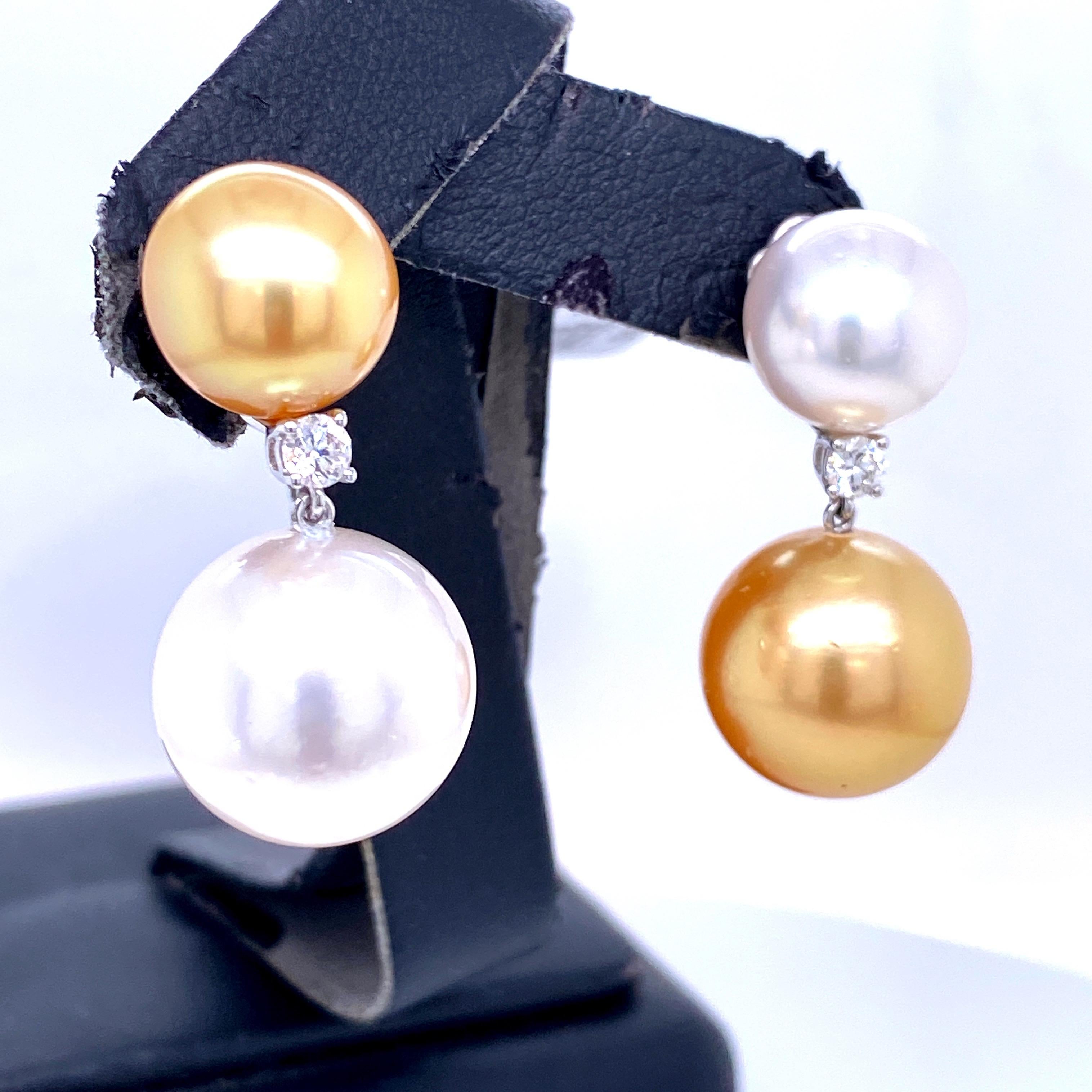 Round Cut South Sea and Golden Pearl Diamond Drop Earrings 0.25 Carat 18 Karat White Gold For Sale