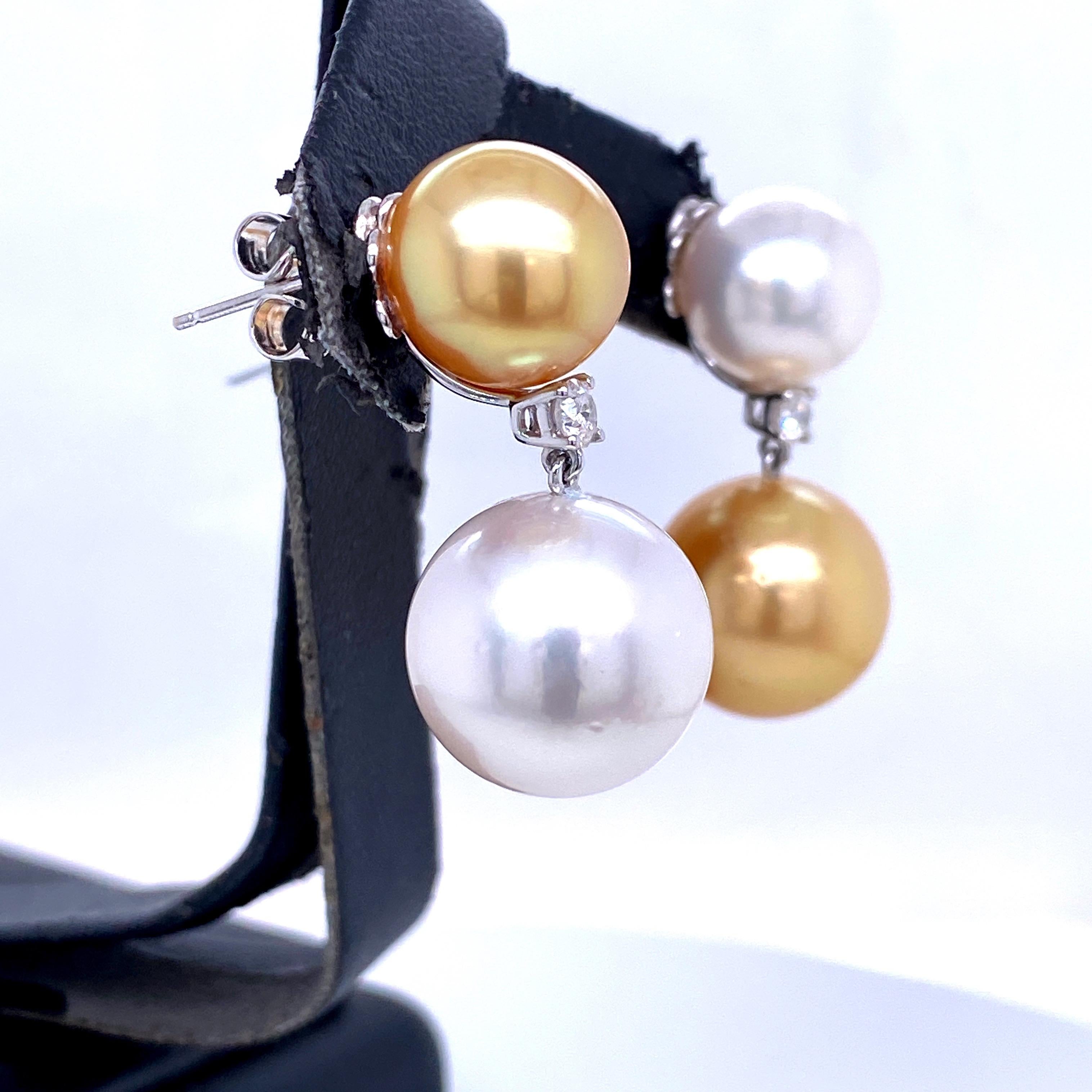 Women's South Sea and Golden Pearl Diamond Drop Earrings 0.25 Carat 18 Karat White Gold For Sale